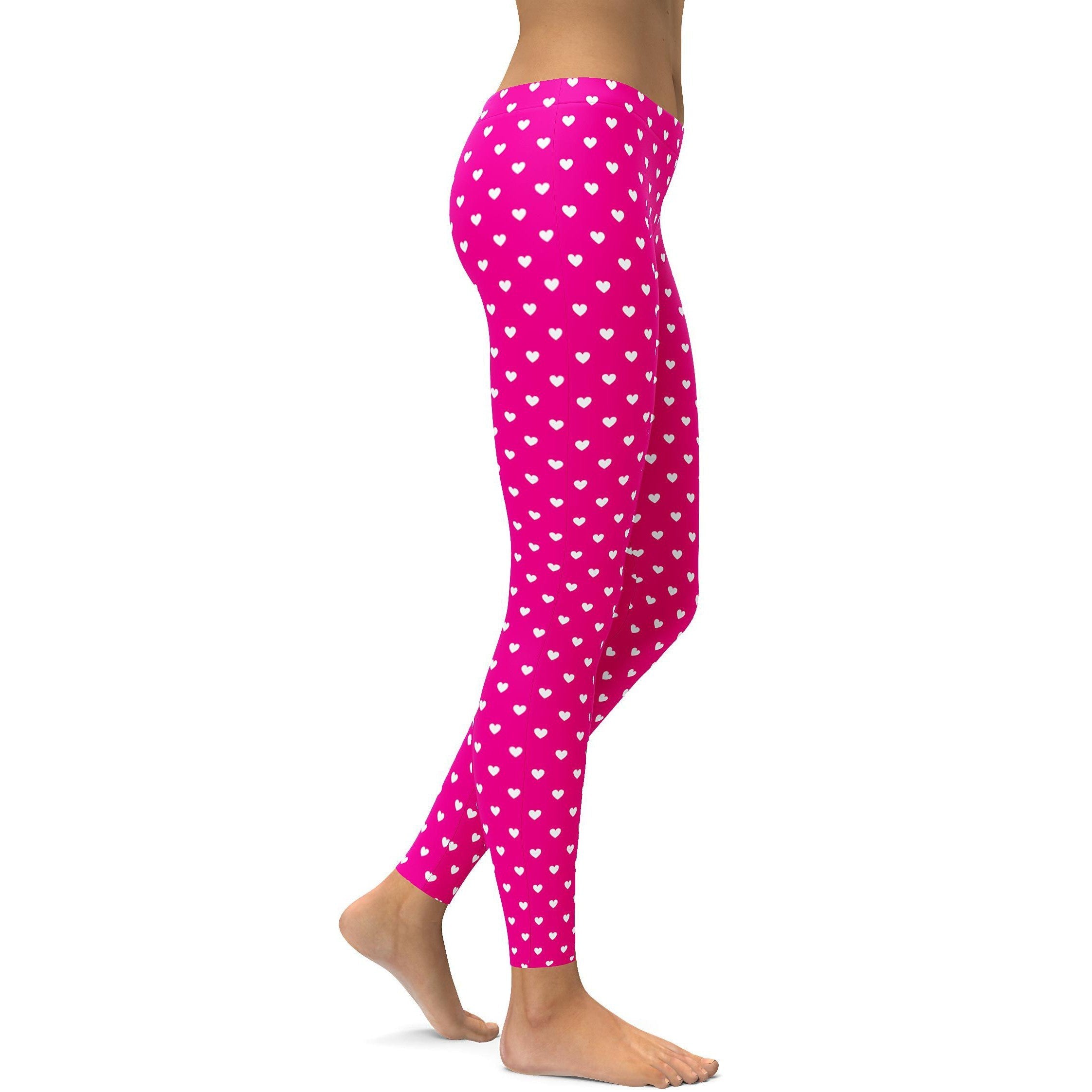 White Mini Hearts Pink Leggings - GearBunch Leggings / Yoga Pants