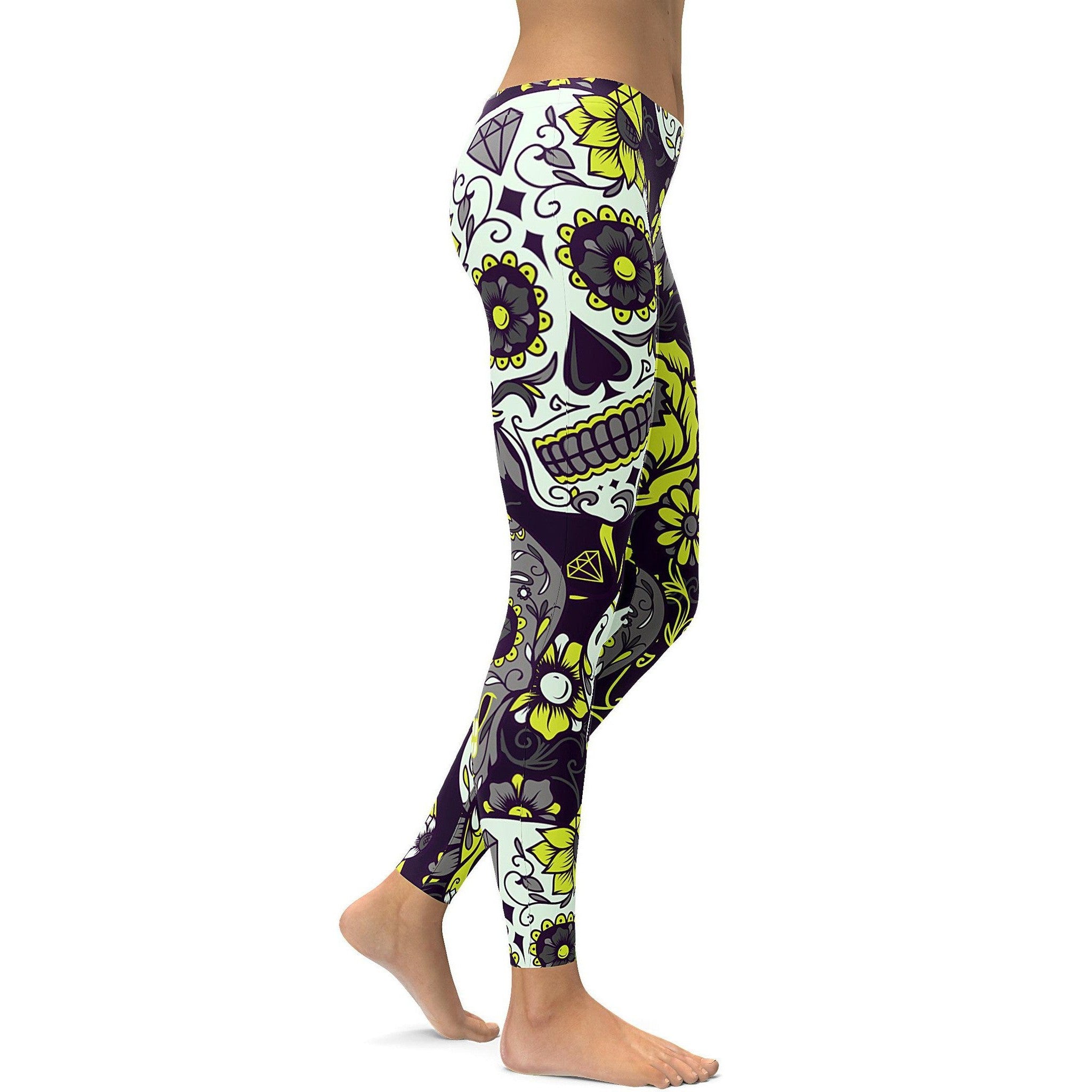 Sassy Yellow Sugar Skull Leggings - GearBunch Leggings / Yoga Pants