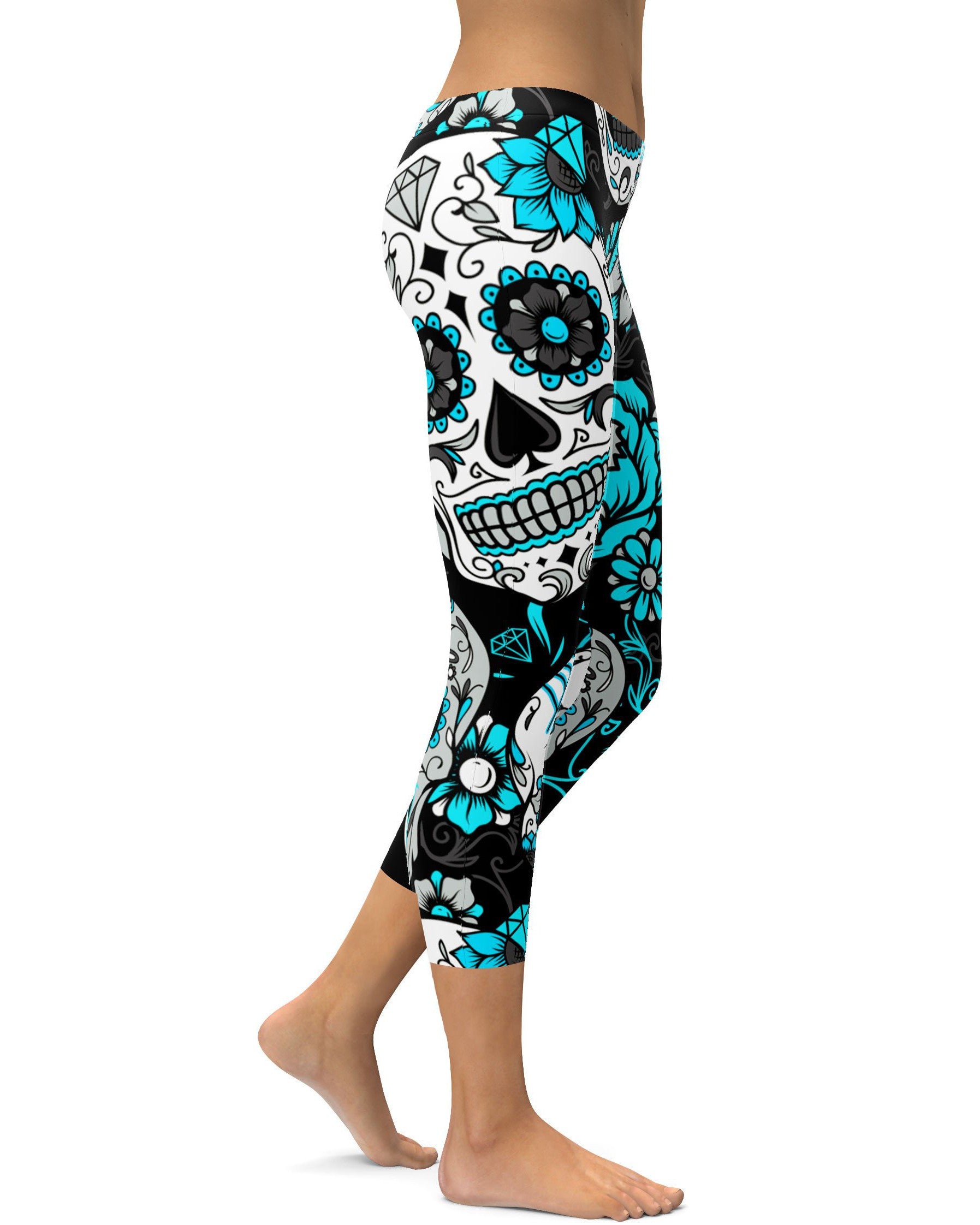 Sky Blue Sugar Skull Capris - GearBunch Leggings / Yoga Pants