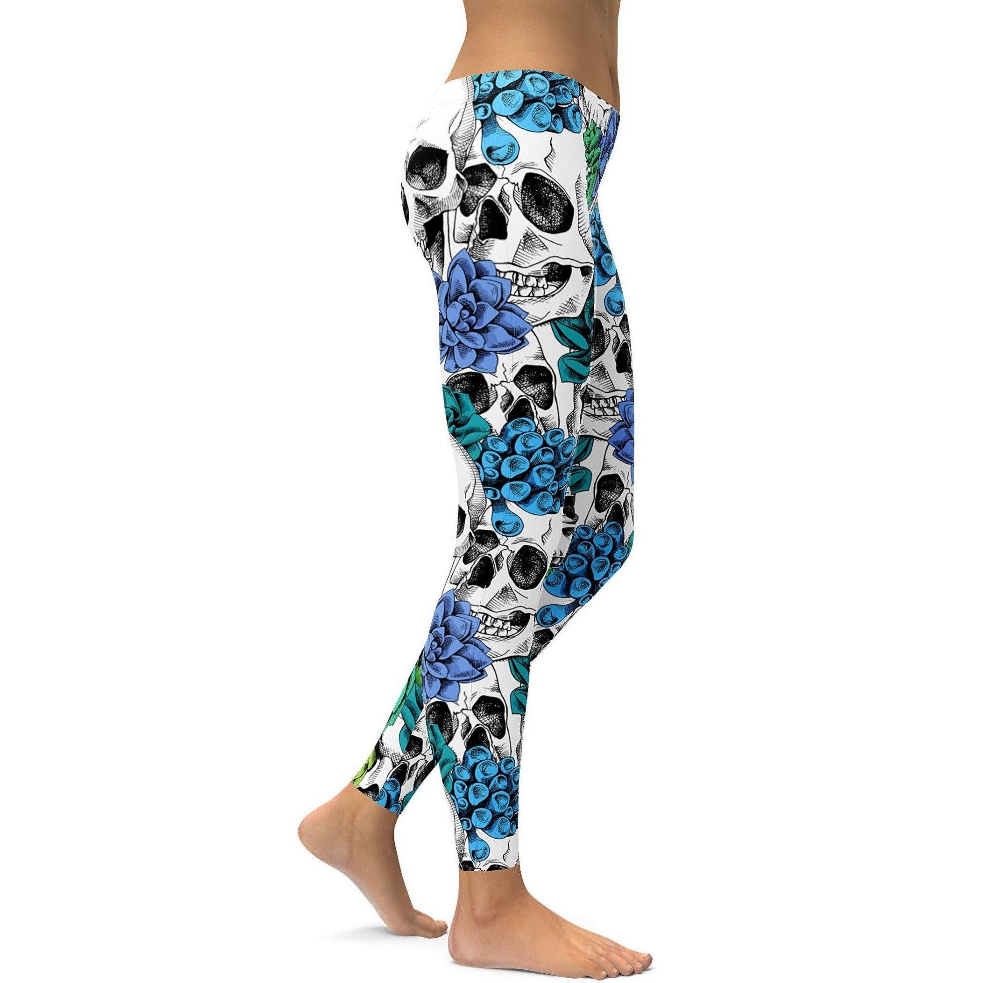 Womens Workout Yoga Blue Floral Skulls Leggings White/Black | Gear Bunch