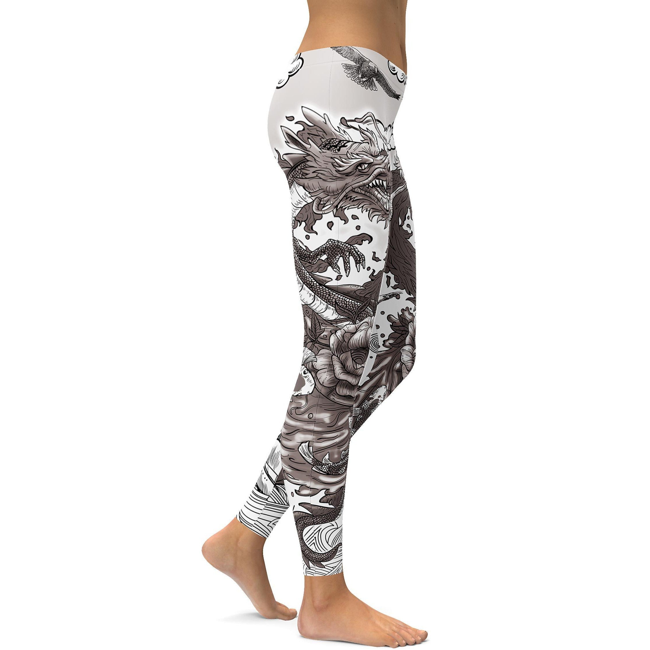 Womens Workout Yoga B&W Tattooed Dragon Leggings 