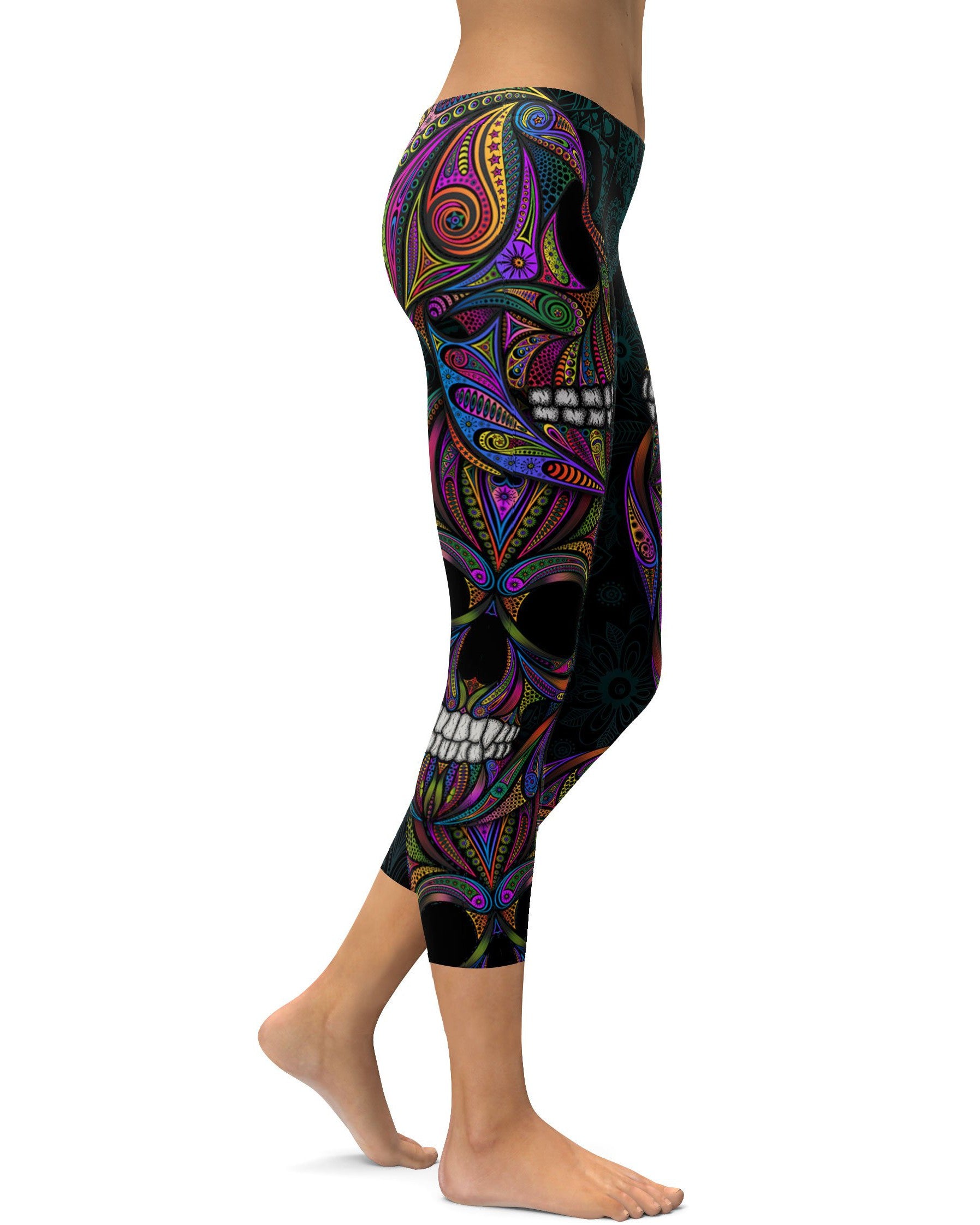 Colorful Ornament Skull Capris - GearBunch Leggings / Yoga Pants