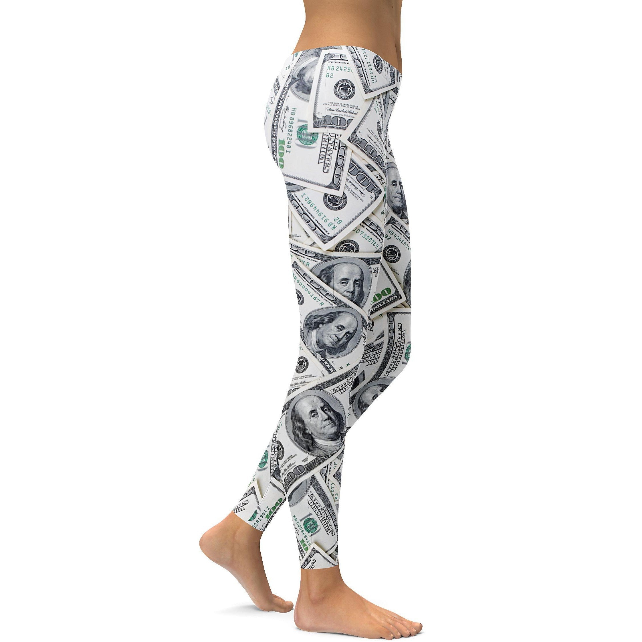 Womens Workout Yoga 100 Dollar Bills Leggings Black/White/Grey