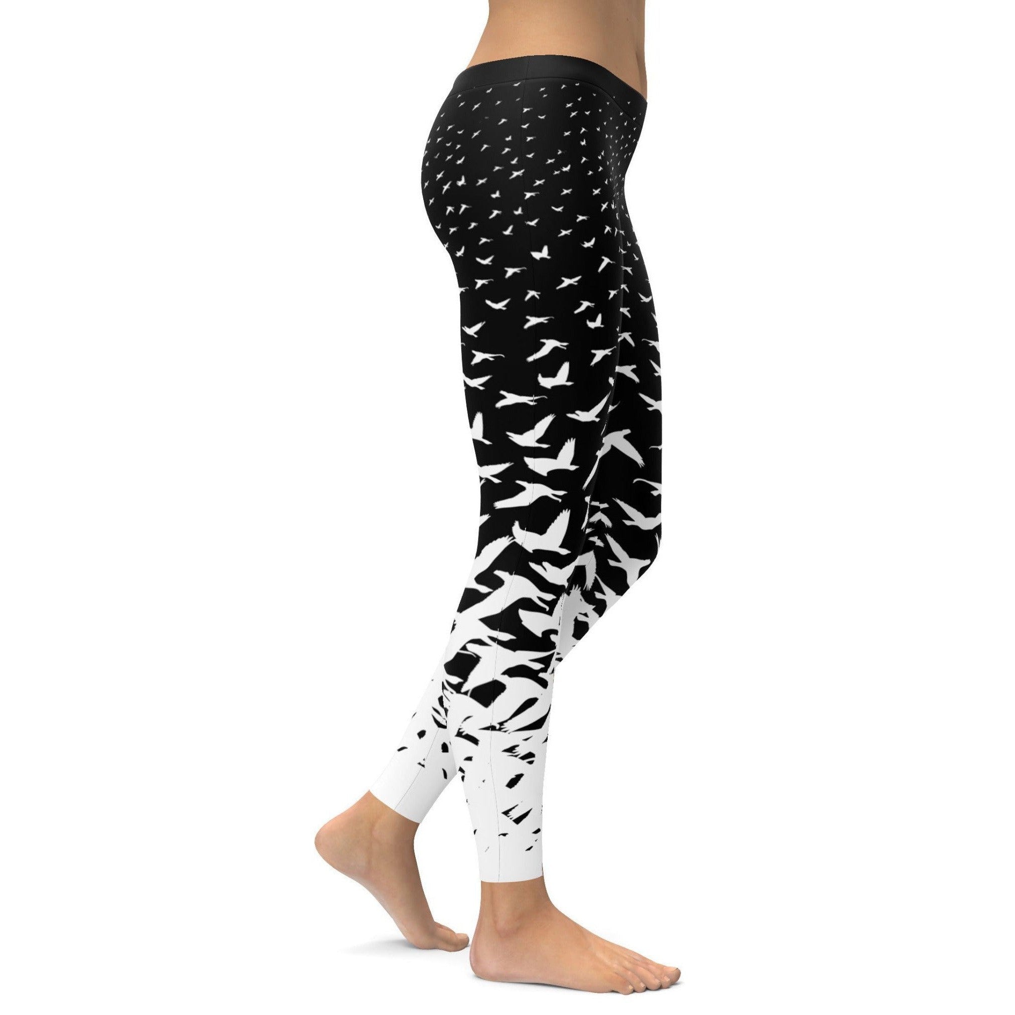 Womens Workout Yoga B&W Flying Birds Leggings Black/White | Gear Bunch