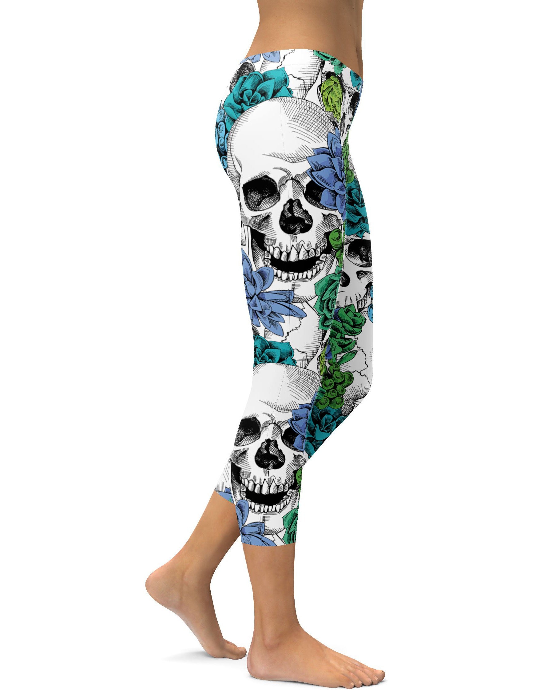 Womens Fashion Blue Floral Skulls Capris Leggings | Gearbunch.com