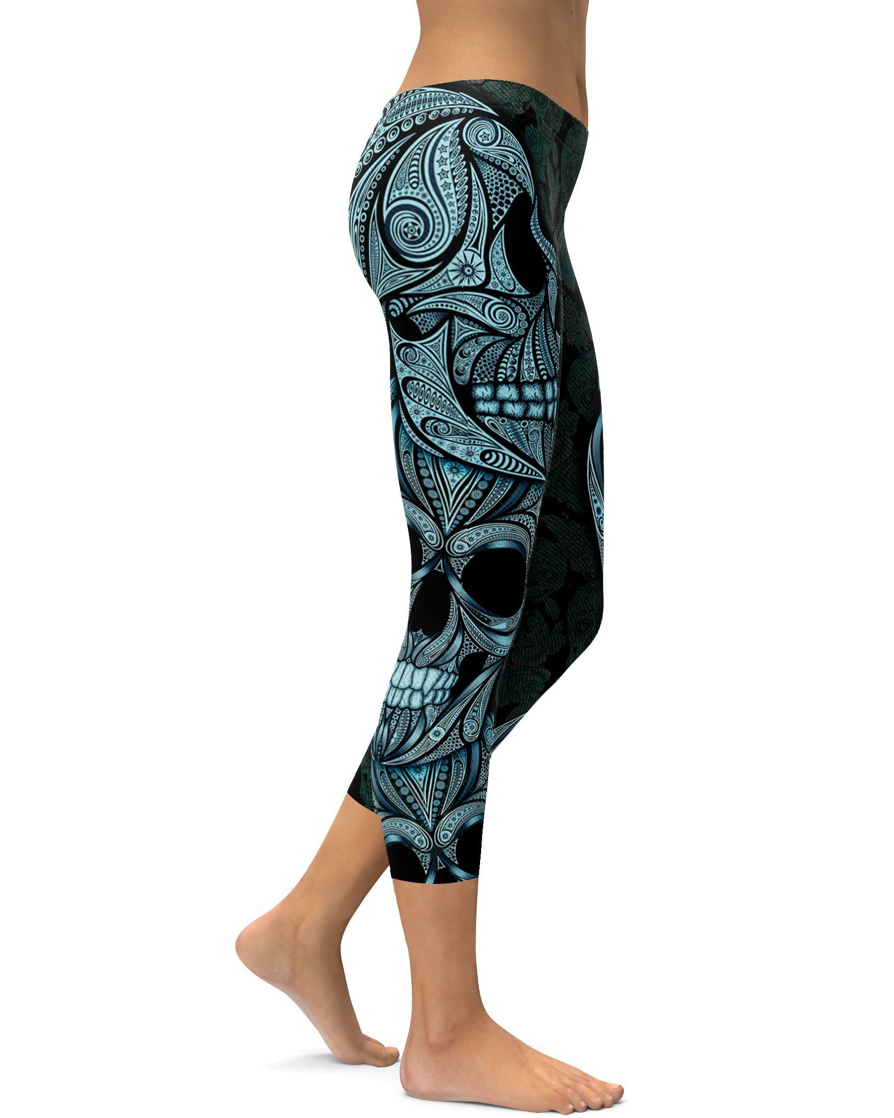 Blue Ornamental Skull Capris - GearBunch Leggings / Yoga Pants