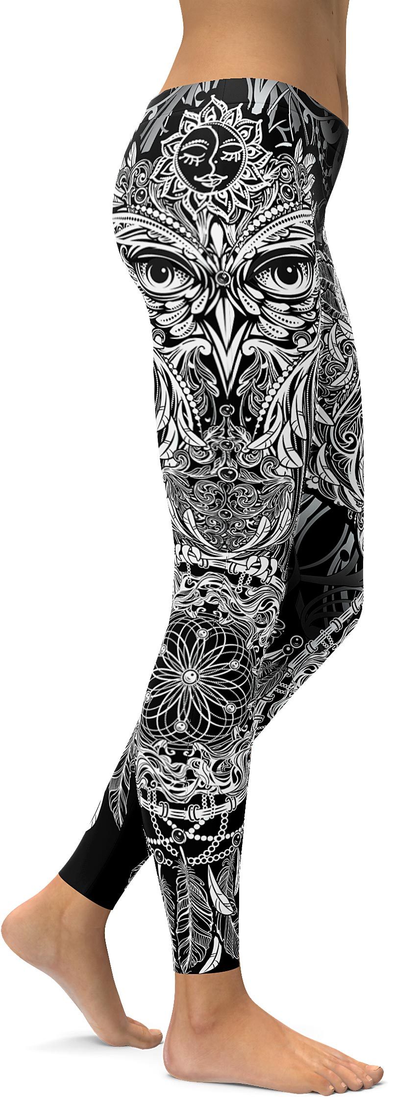 Womens Workout Yoga B&W Ornamental Owl Leggings Black/White 