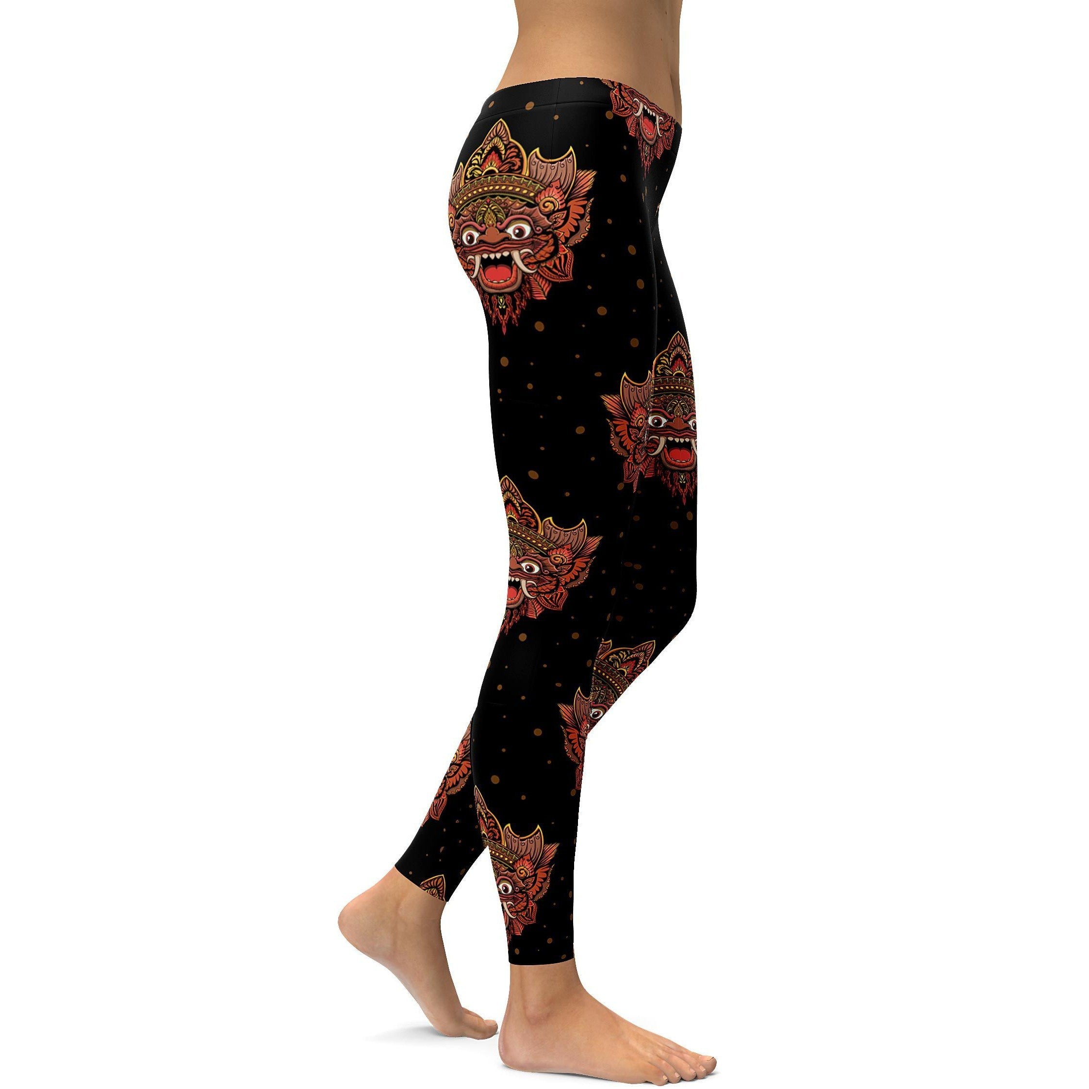 Womens Workout Yoga Balinese Masks Leggings Black/White/Yellow | Gear Bunch