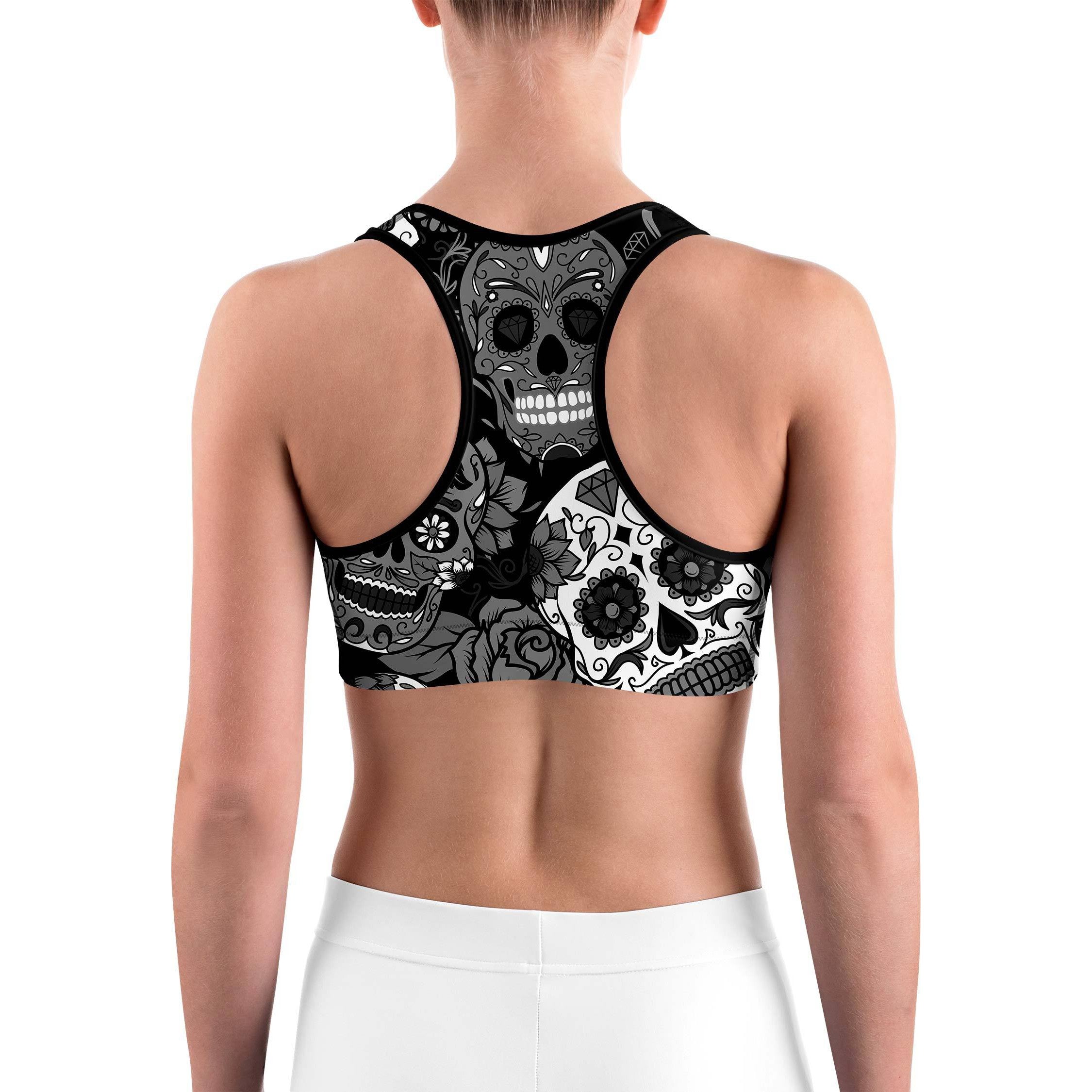 Black & White Sugar Skull Sports bra - GearBunch Leggings / Yoga Pants