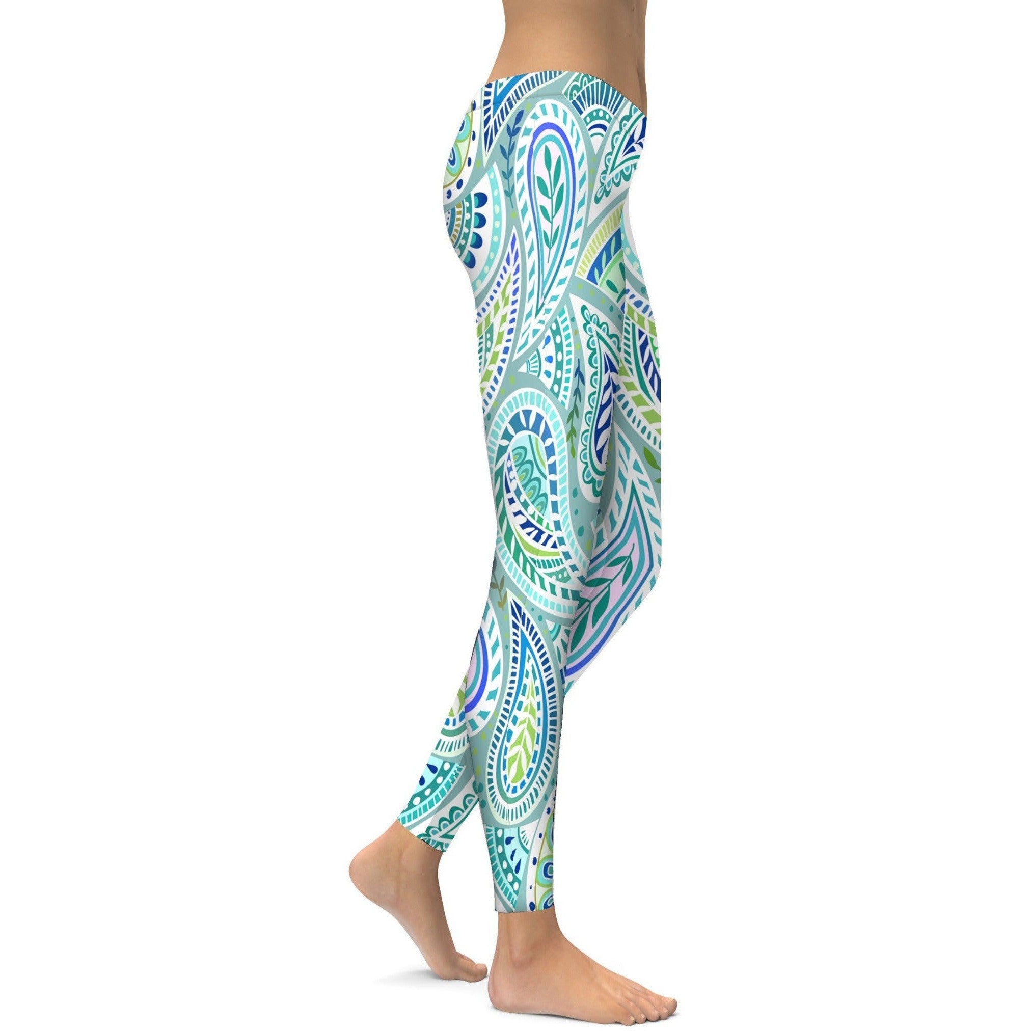Womens Workout Yoga Blue and Green Paisley Leggings Red/Black/White