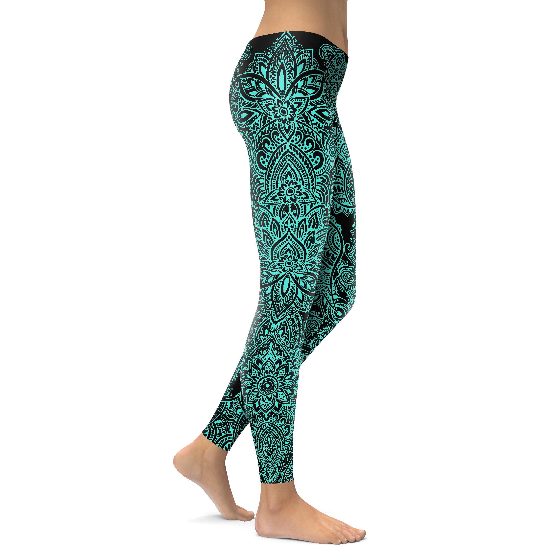 Womens Workout Yoga Black and Turquoise Henna Tattoo Leggings | Gear Bunch