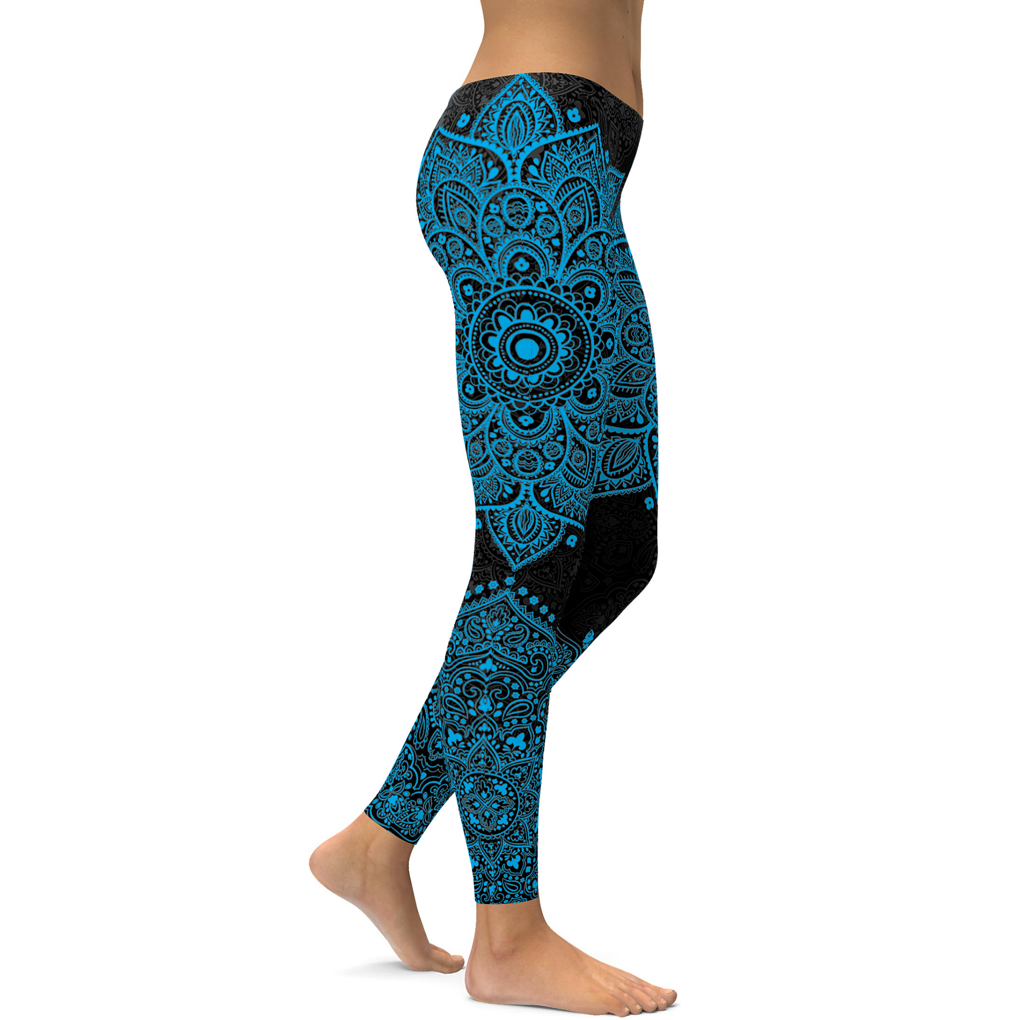 Womens Workout Yoga Black and Cyan Blue Mandala Leggings