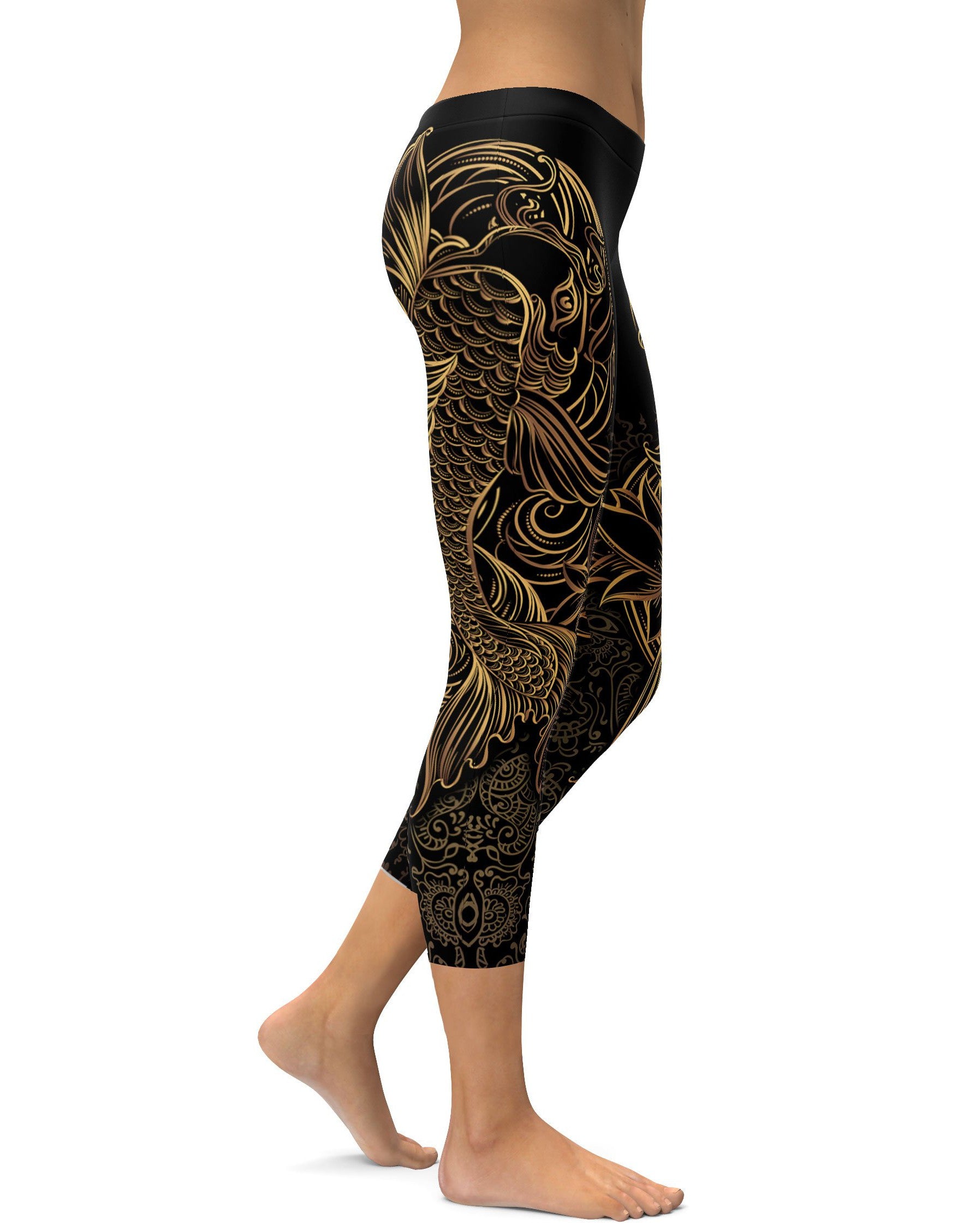 Golden Oriental Koi Fish Capris - GearBunch Leggings / Yoga Pants