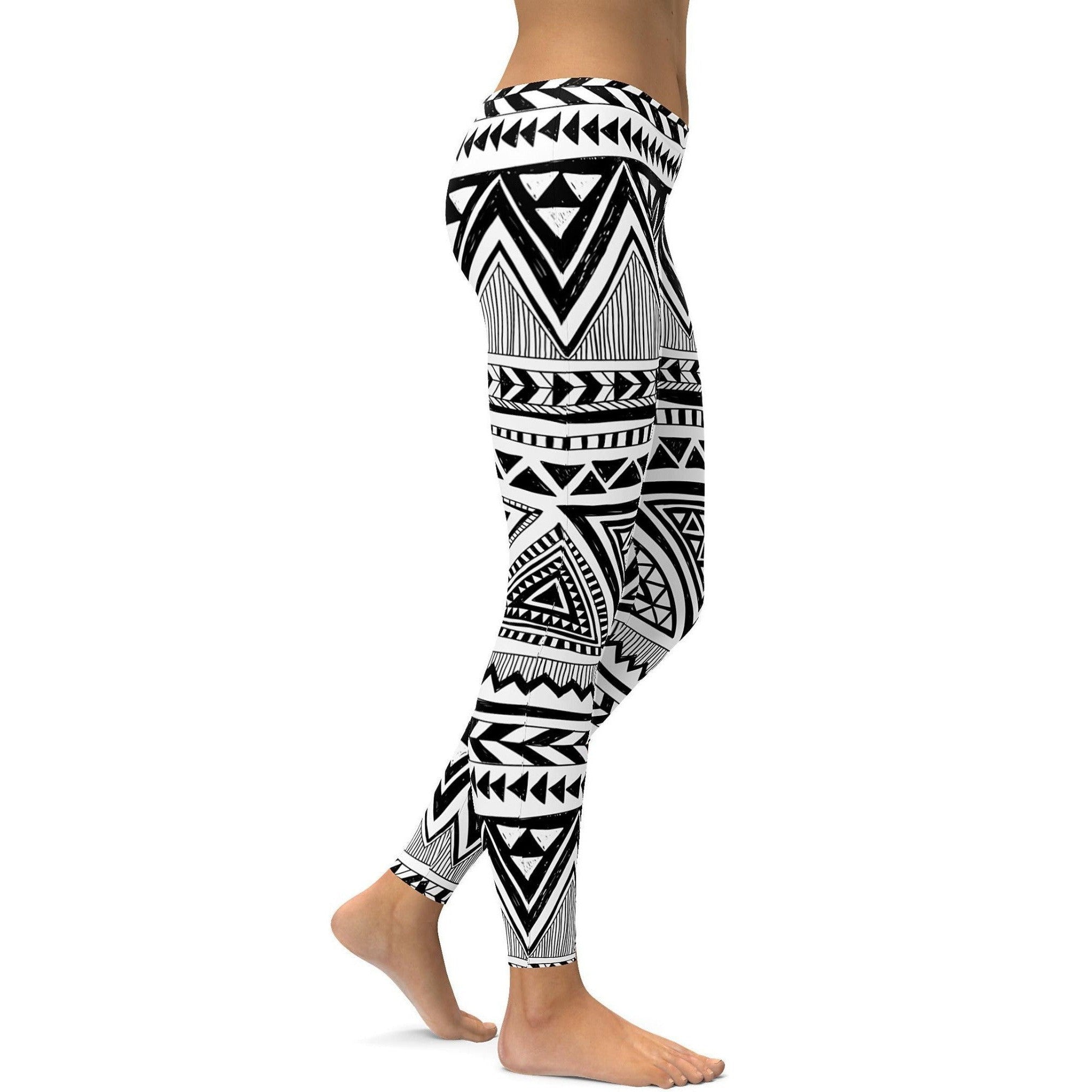 Womens Workout Yoga Aztec Pattern Leggings Black/White | Gear Bunch