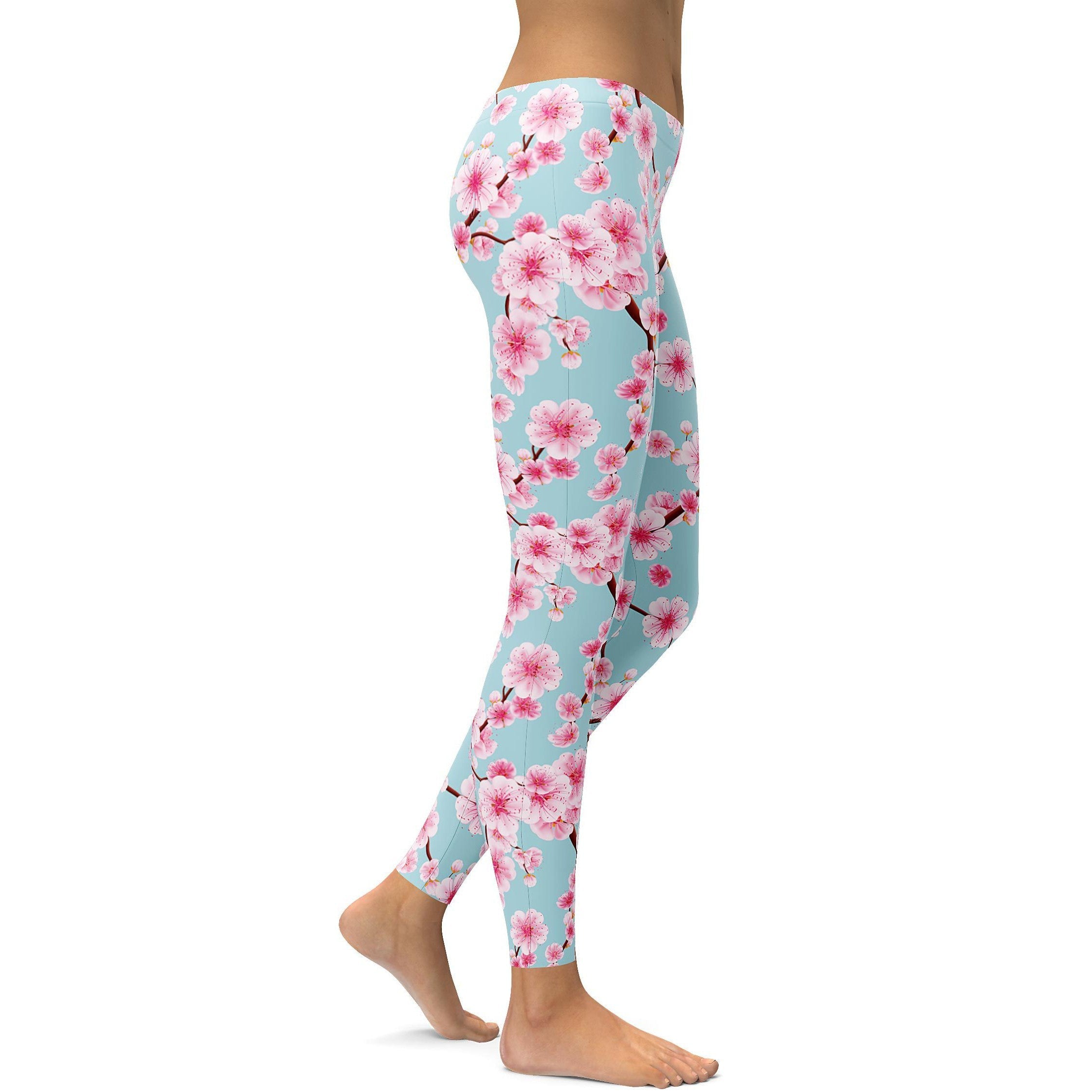 Womens Workout Yoga Japanese Cherry Blossom Leggings Blue/Pink/White | Gearbunch.com