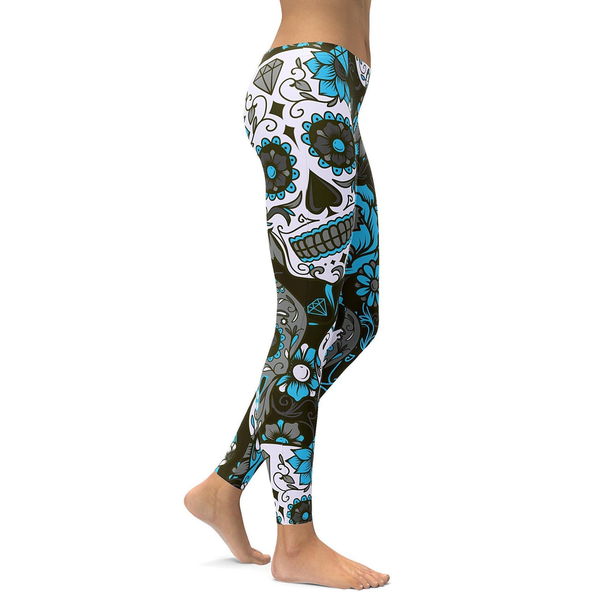 Womens Workout Yoga Sky Blue Sugar Skull Leggings Black/Sky Blue/White | Gearbunch.com