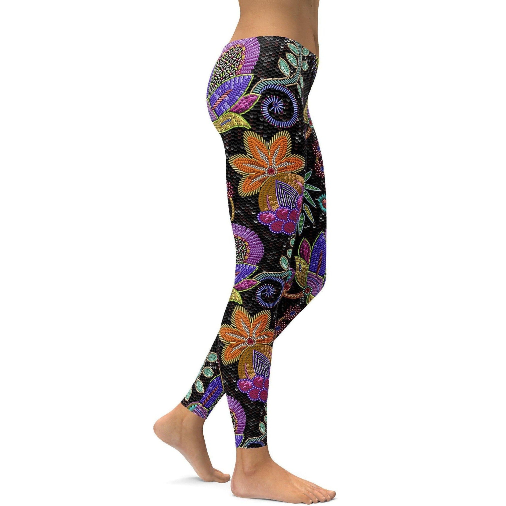 Womens Workout Yoga Faux Paillette Flower Leggings Black/Purple/Green/Pink | Gearbunch.com