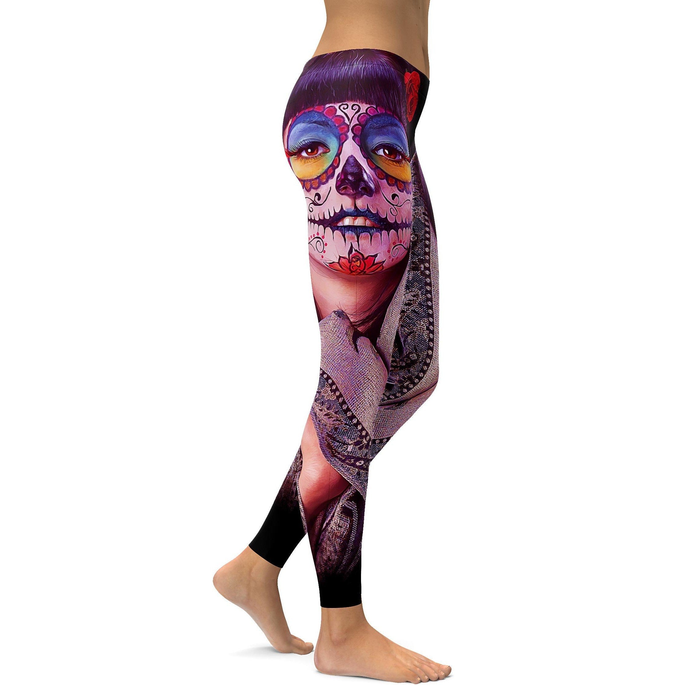 Photorealistic Painted Sugar Skull Leggings - GearBunch Leggings / Yoga Pants