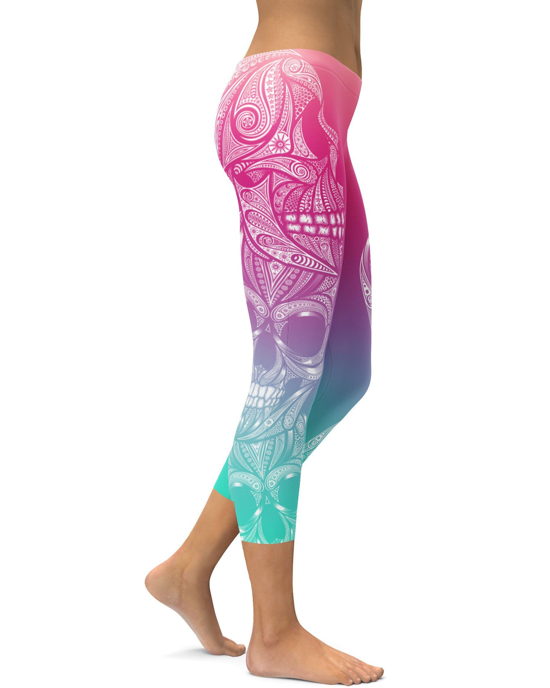 Bright Ornamental Skull Capris - GearBunch Leggings / Yoga Pants