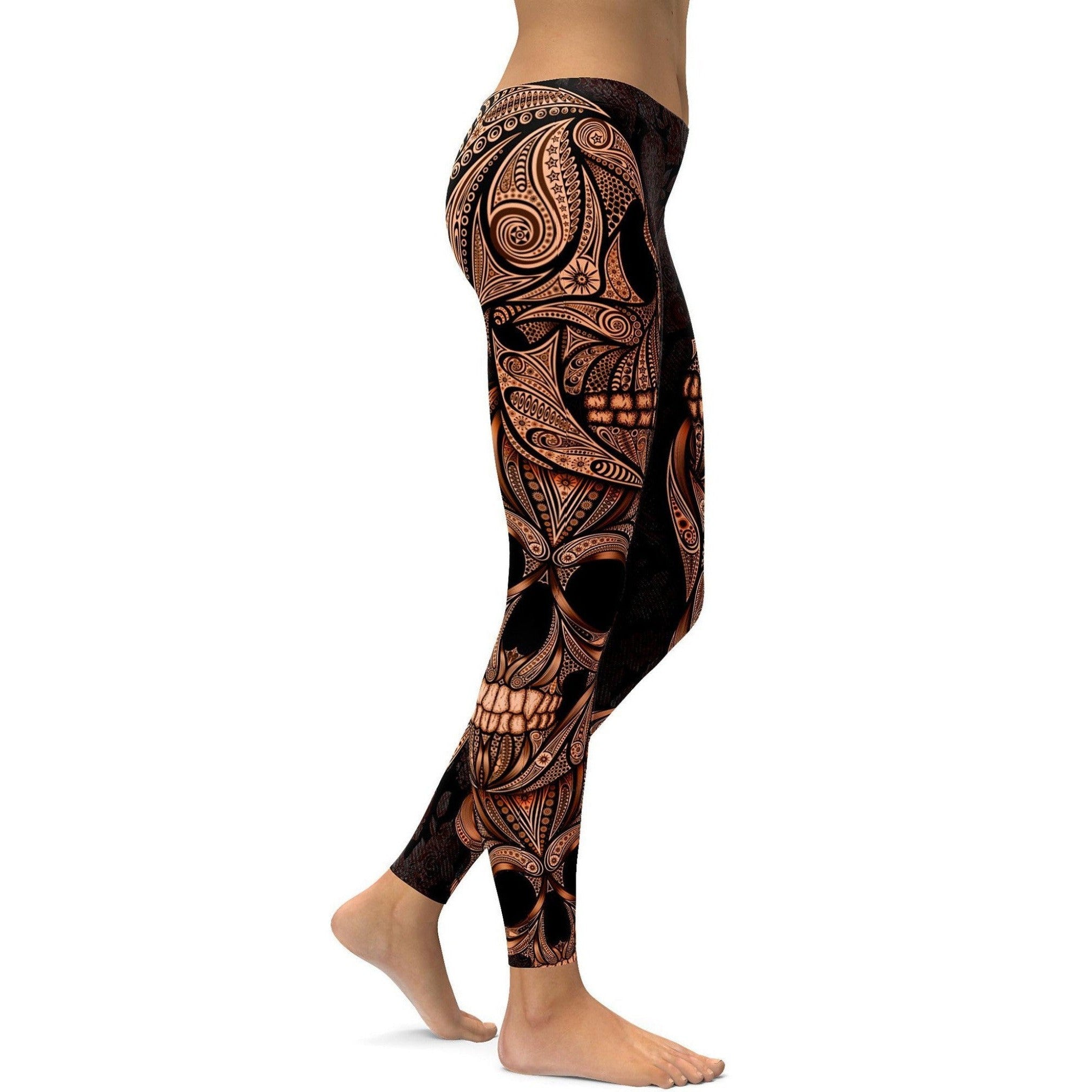 GearBunch | Orange Ornamental Skull Leggings 