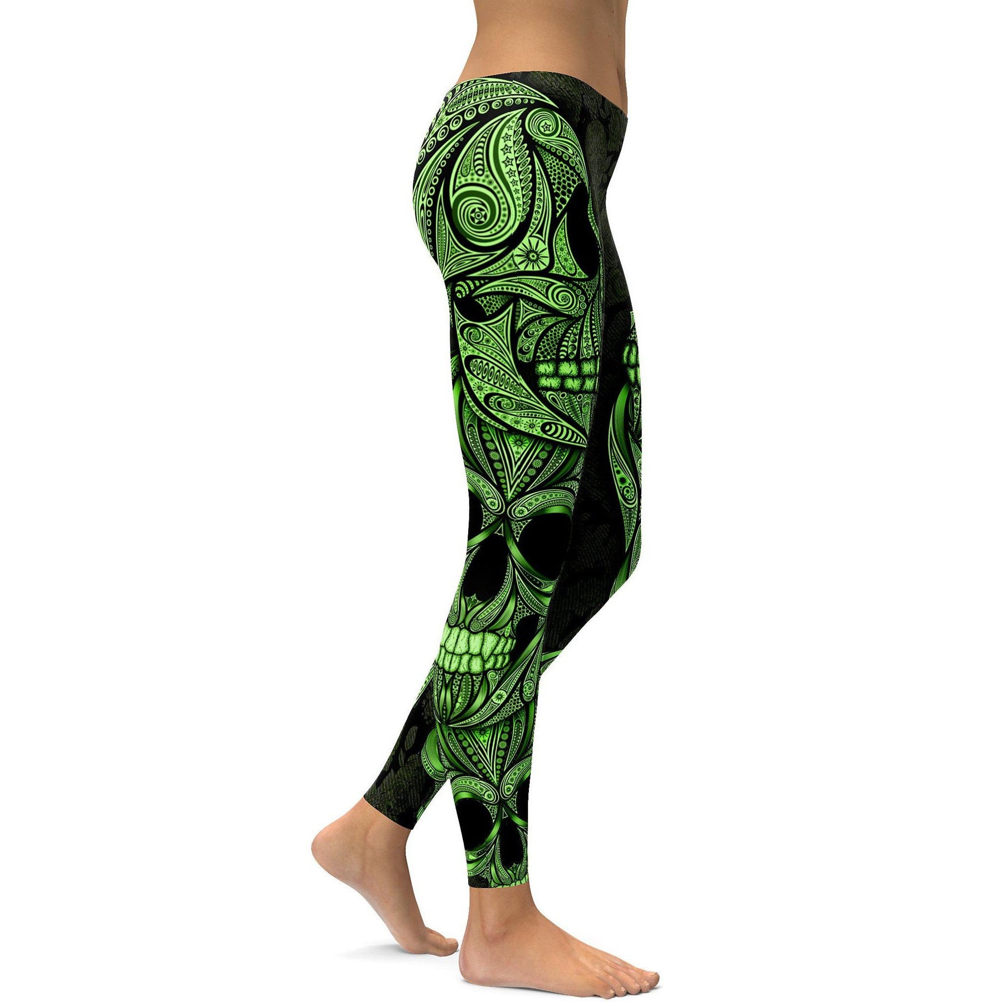 Green Ornamental Skull Leggings - GearBunch Leggings / Yoga Pants