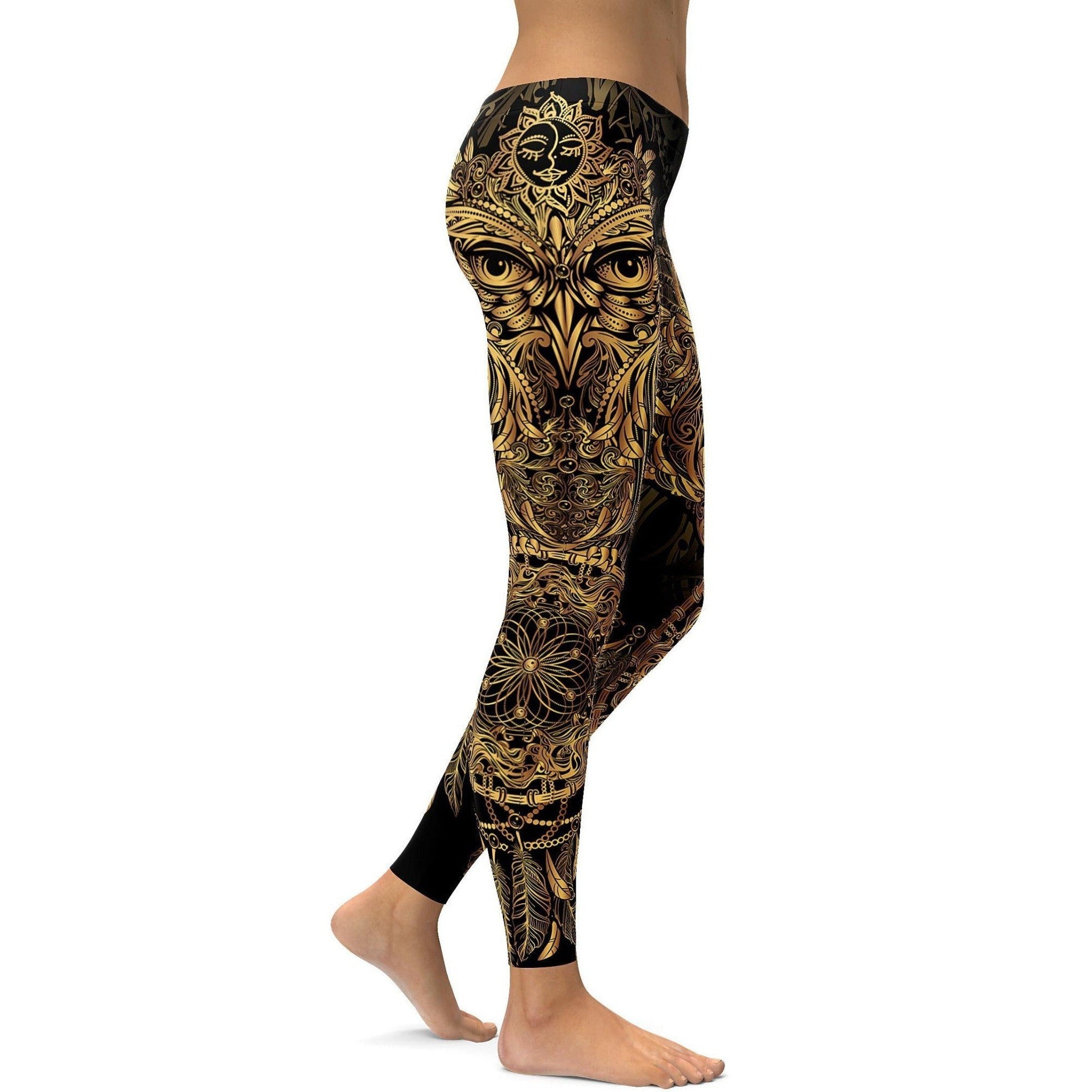 Womens Workout Yoga Golden Ornamental Owl Leggings Black/Gold | Gearbunch.com