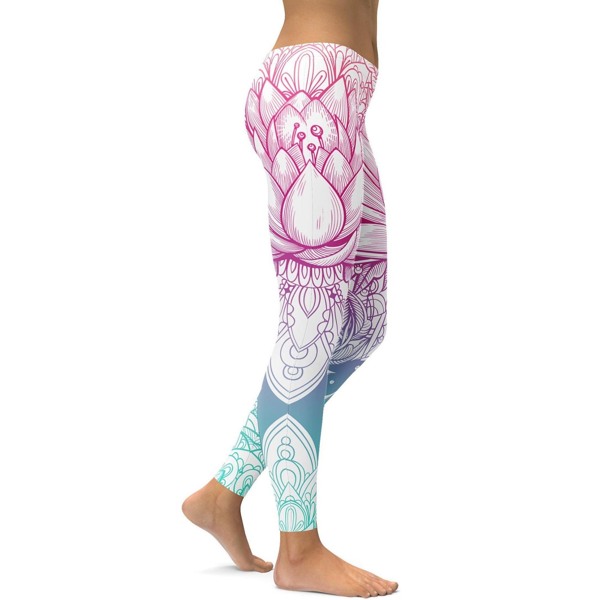 Womens Workout Yoga Bright Lotus Leggings White/Pink/Blue | Gearbunch.com