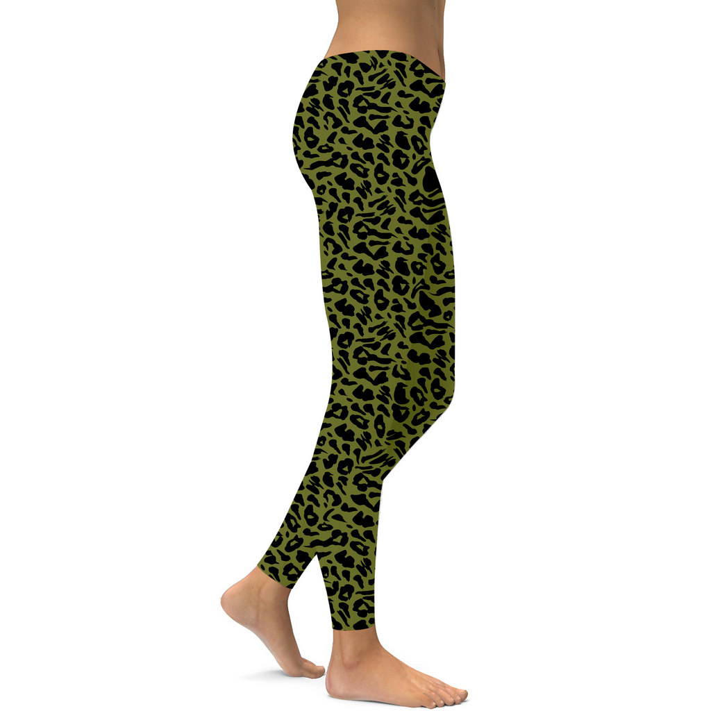 Womens Workout Yoga Olive Green Leopard Print Leggings