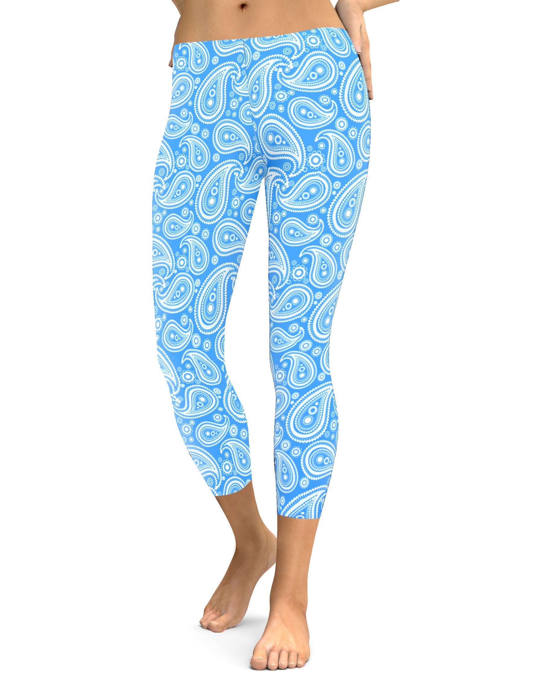 Womens Fashion Blue & White Paisley Capri Leggings | Gearbunch.com