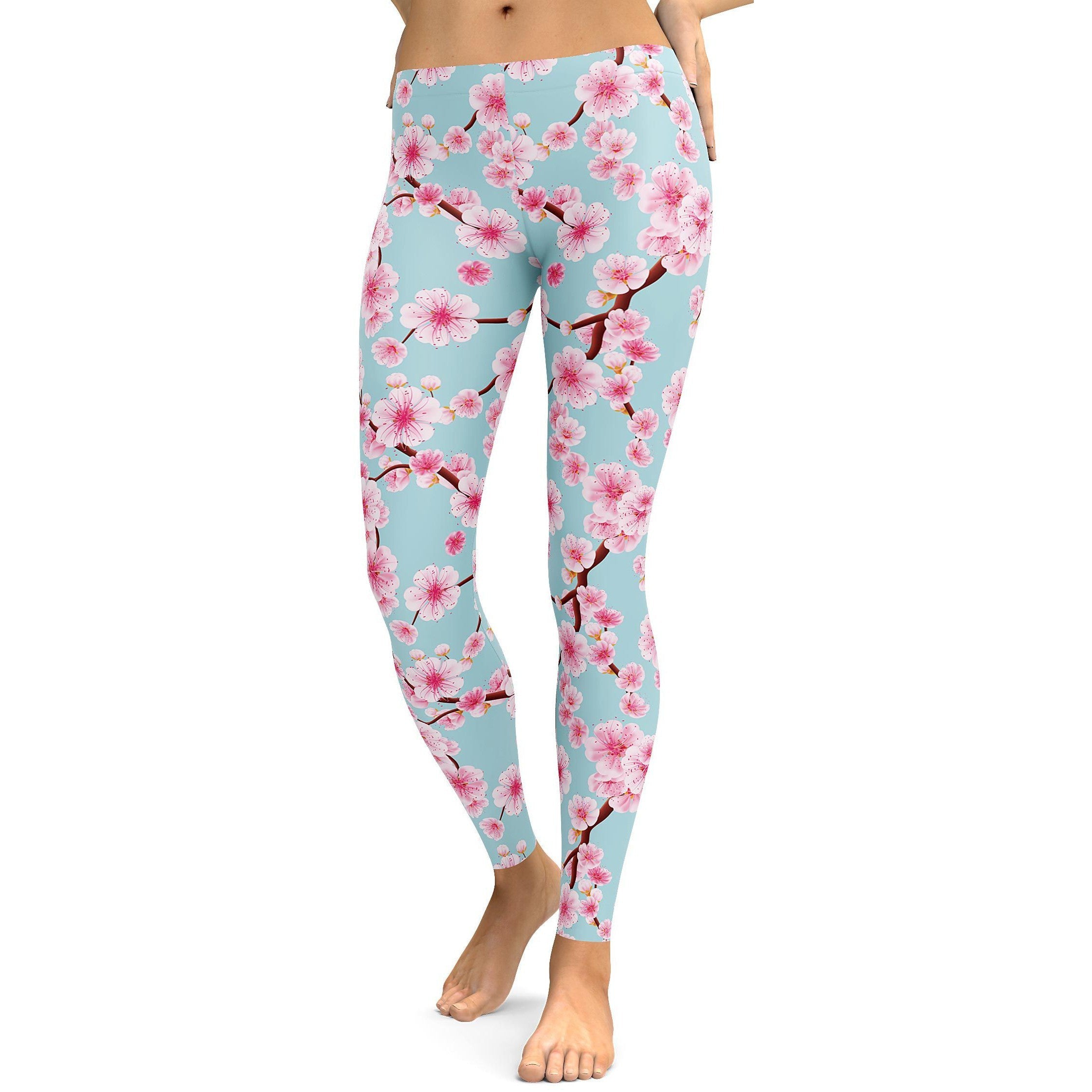 Womens Workout Yoga Japanese Cherry Blossom Leggings Blue/Pink/White | Gearbunch.com