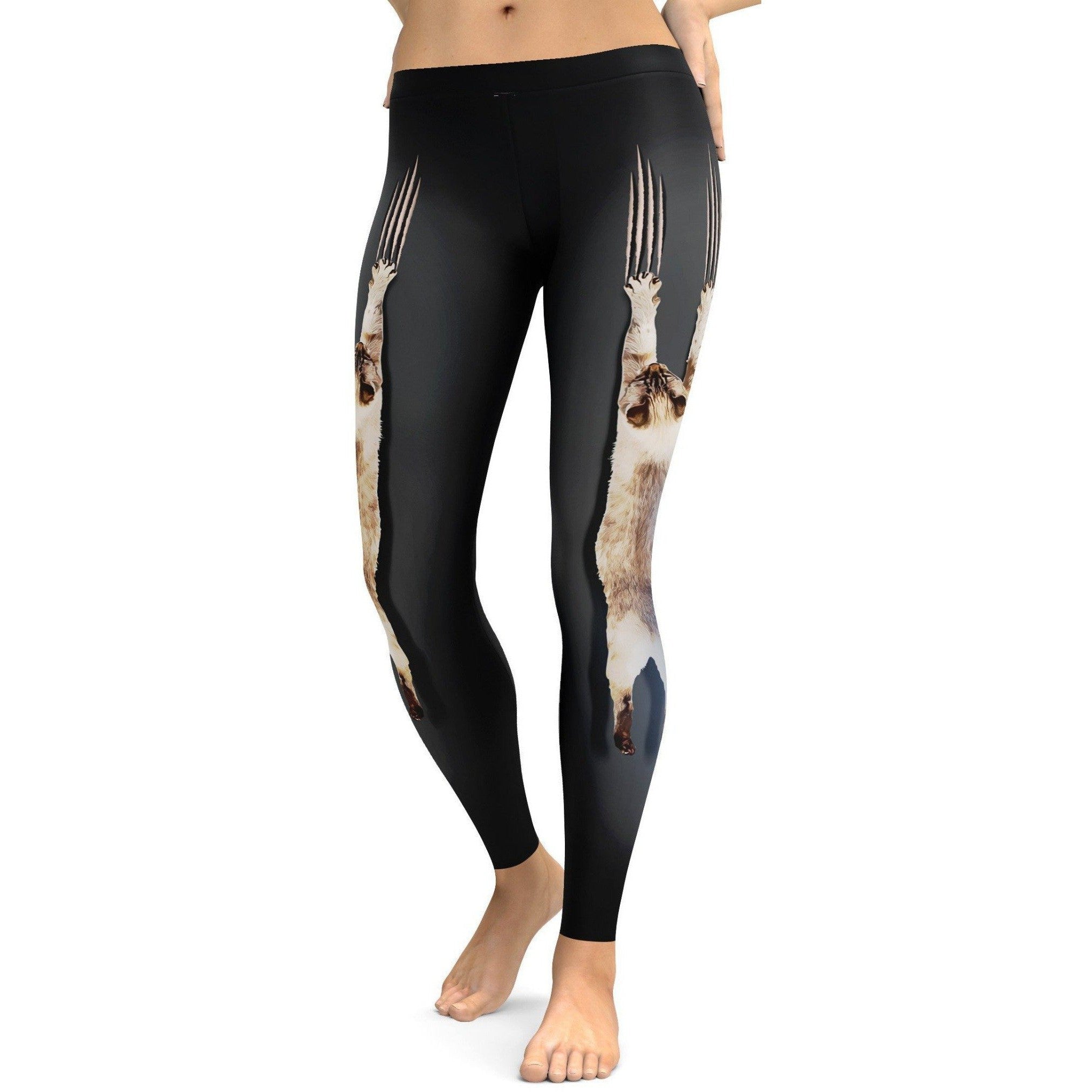 Womens Workout Yoga Scratching Cat Leggings Black/White | Gearbunch.com