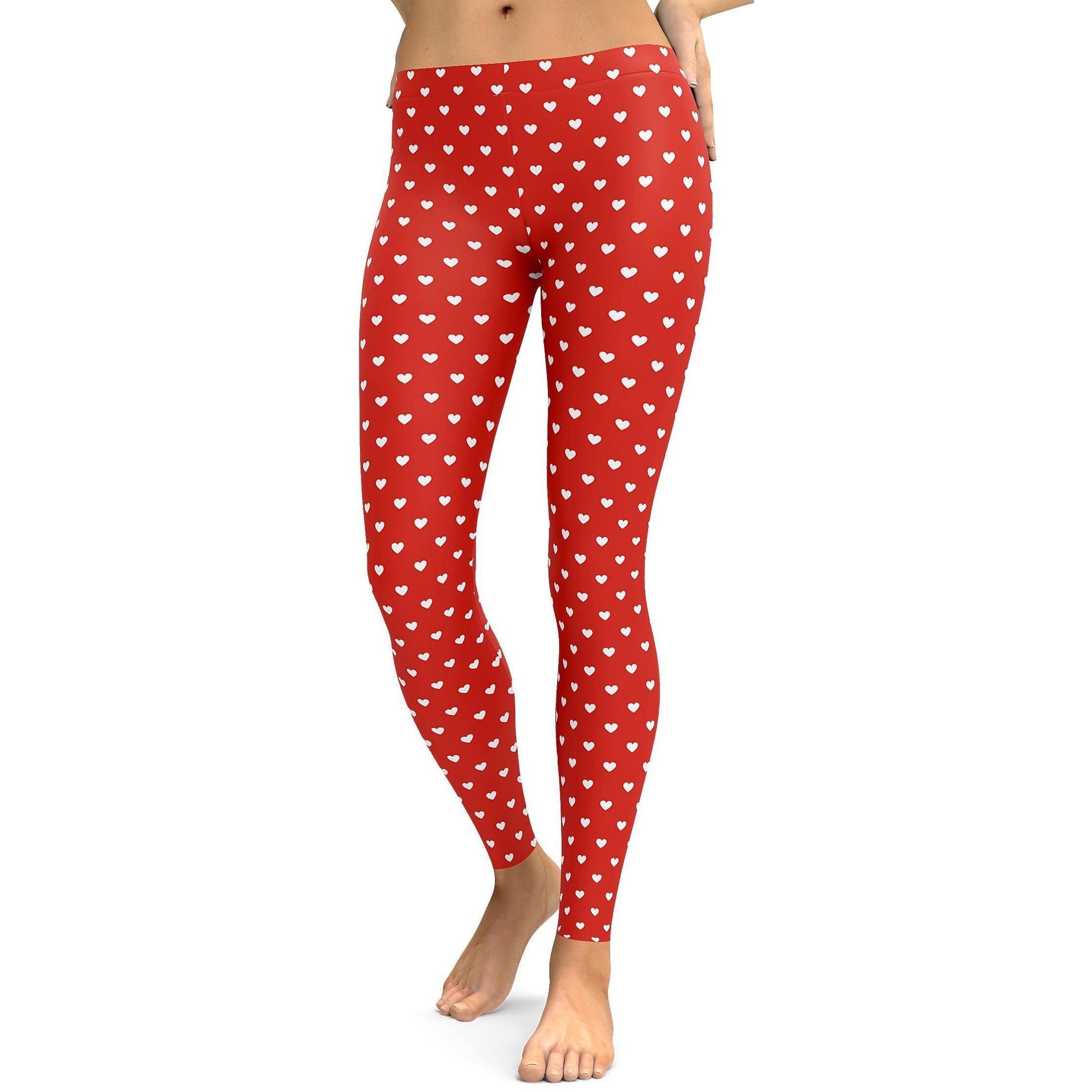 White Mini Hearts Red Leggings - GearBunch Leggings / Yoga Pants