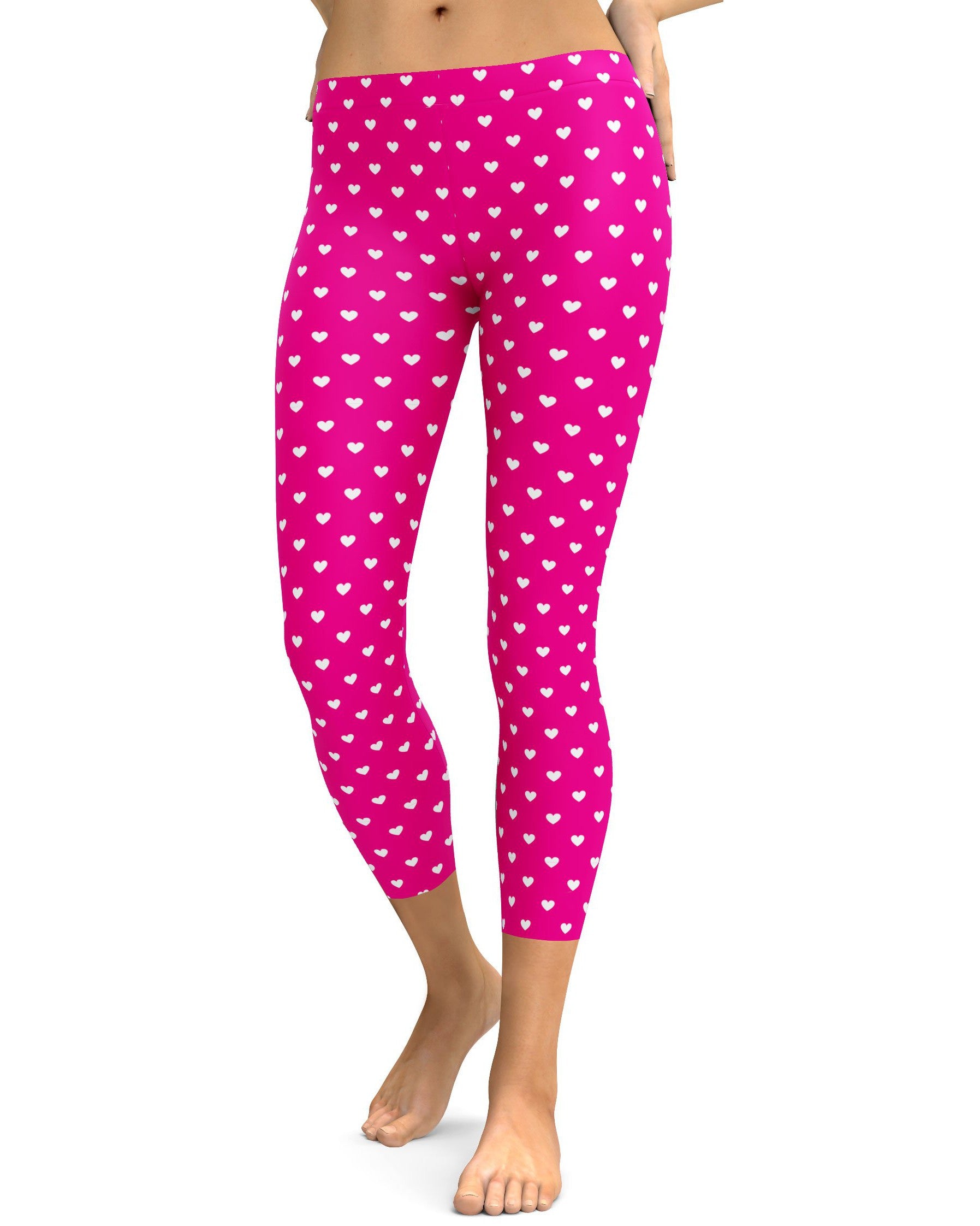 White Mini Hearts Pink Capris - GearBunch Leggings / Yoga Pants