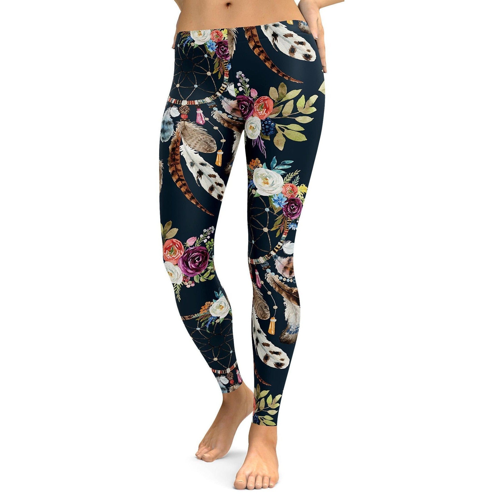 Womens Workout Yoga Boho Dreamcatcher and Flowers Leggings Black/Red