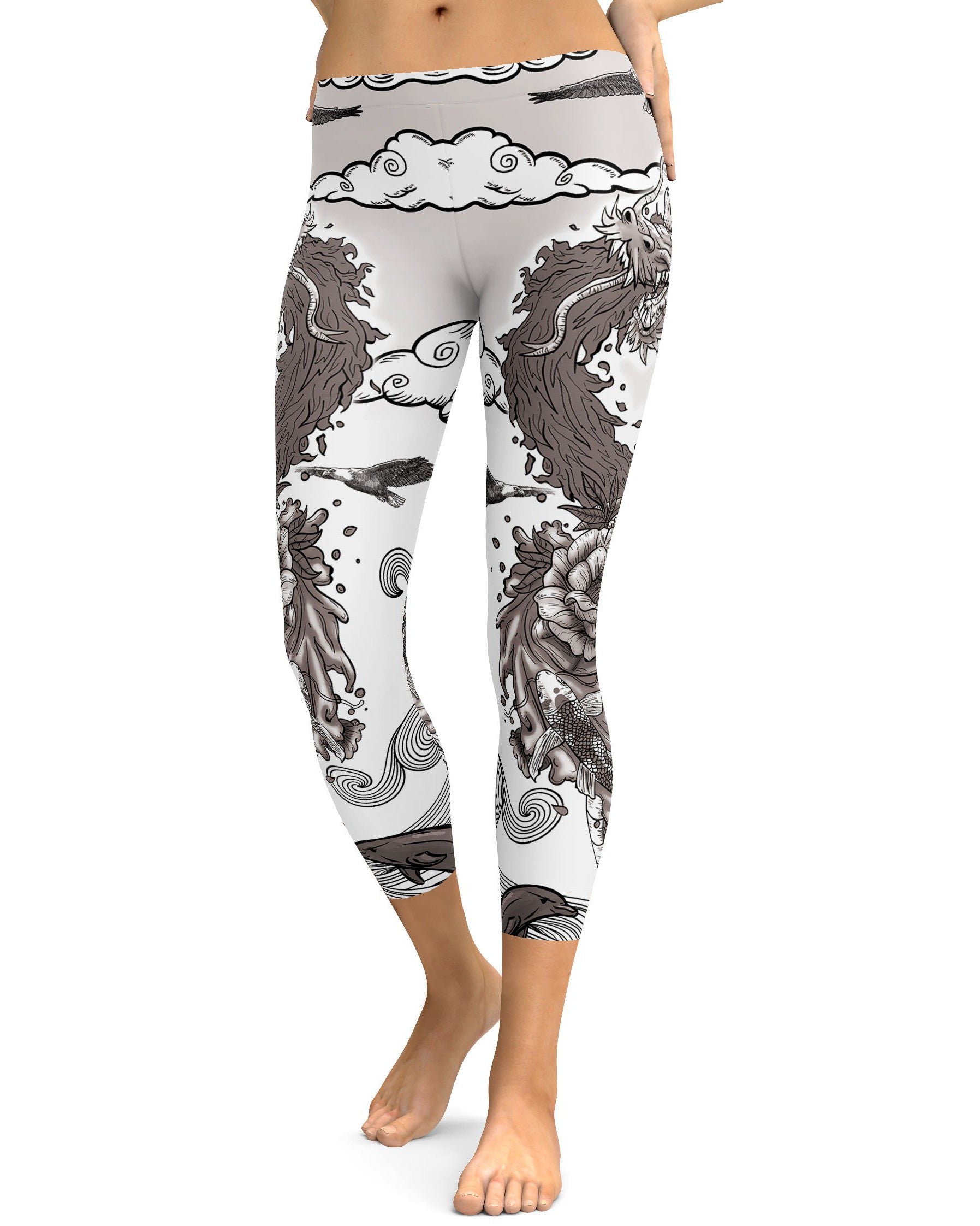 B&W Tattooed Dragon Capris - GearBunch Leggings / Yoga Pants