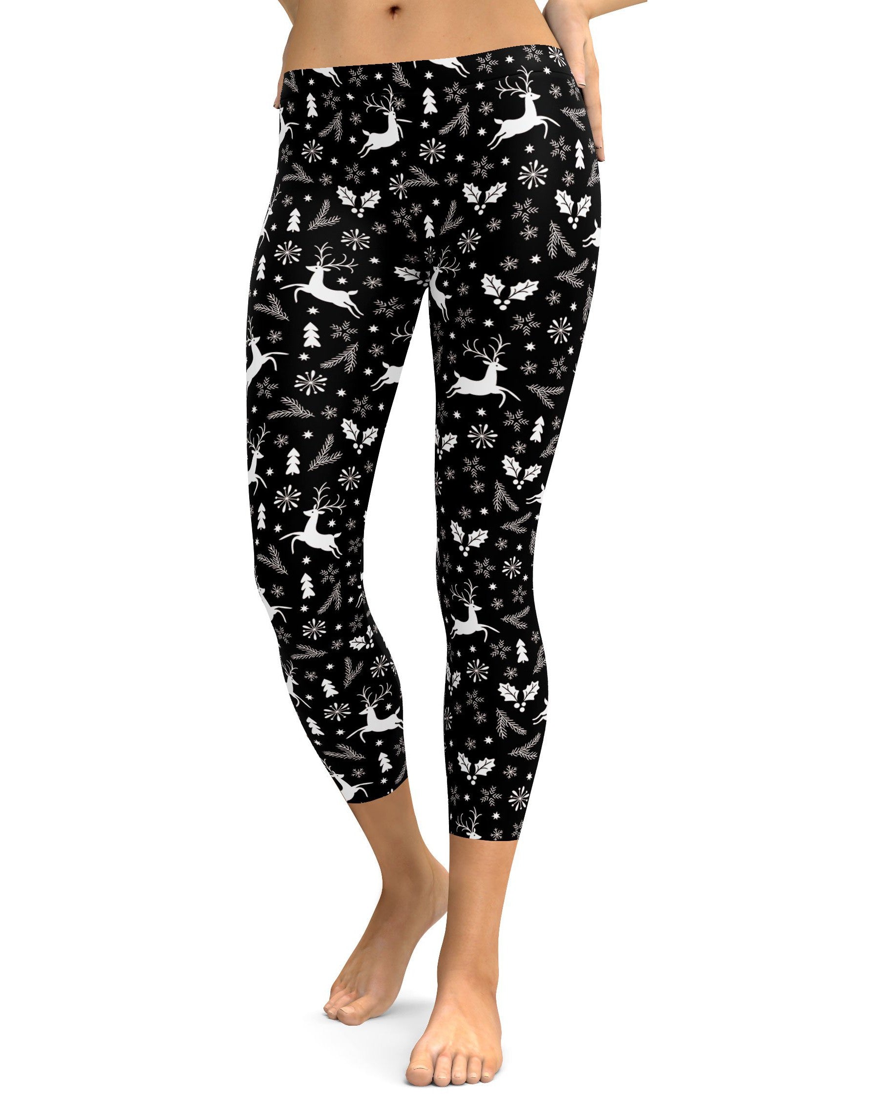 Black Reindeer Christmas Capris - GearBunch Leggings / Yoga Pants