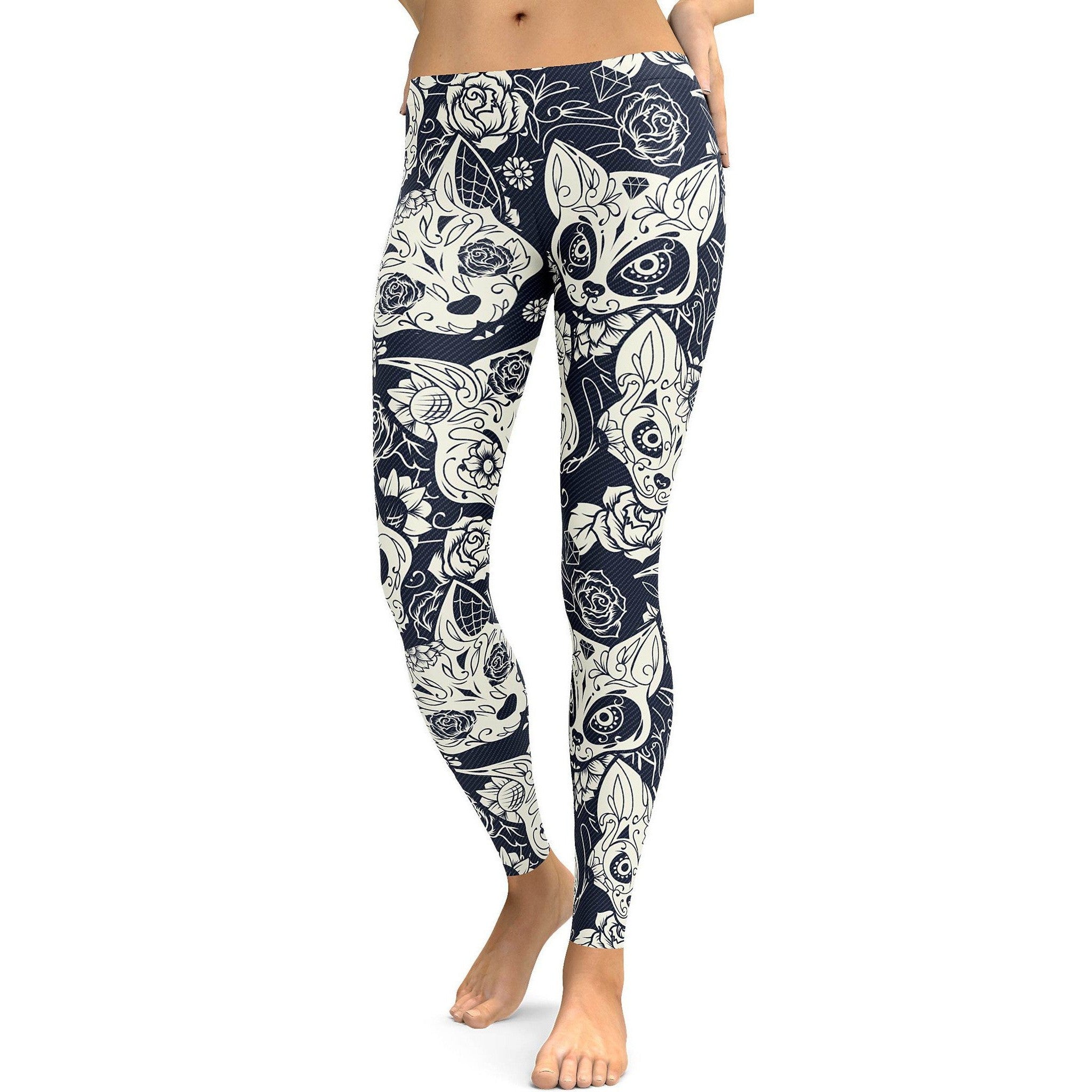 Sugar Skull Cat Leggings for Women Black Leggings W/ Day of the