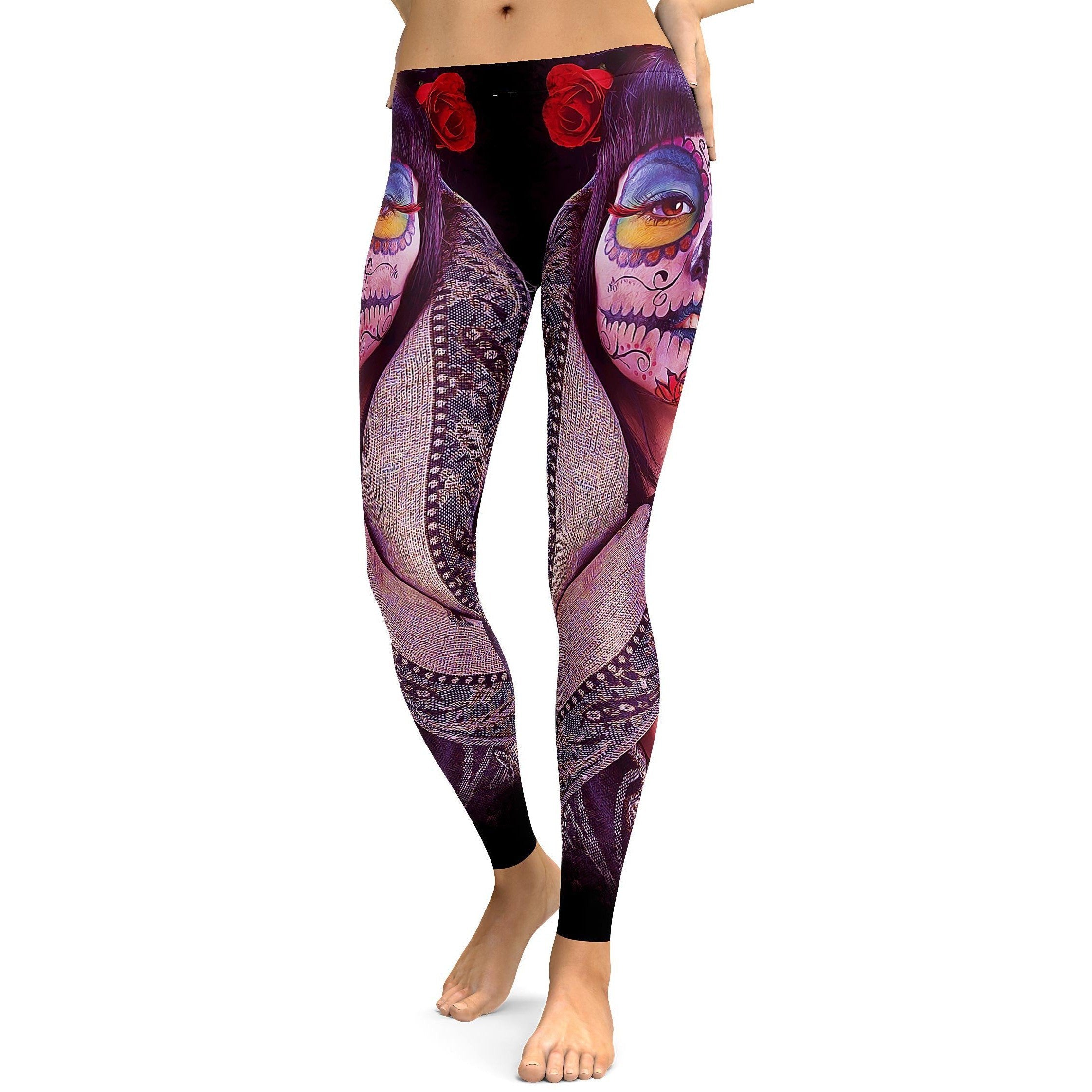 Photorealistic Painted Sugar Skull Leggings - GearBunch Leggings / Yoga Pants