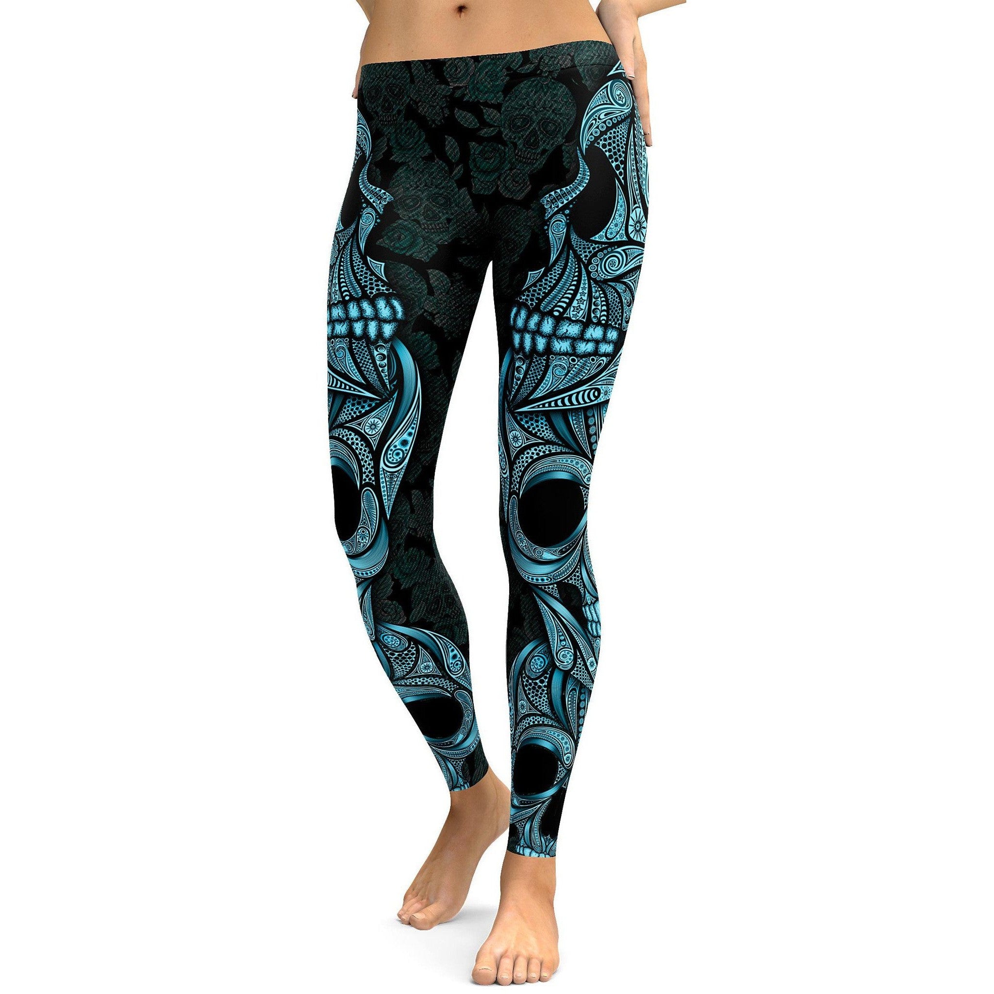 Blue & Black Ornamental Skull Leggings | Gear Bunch