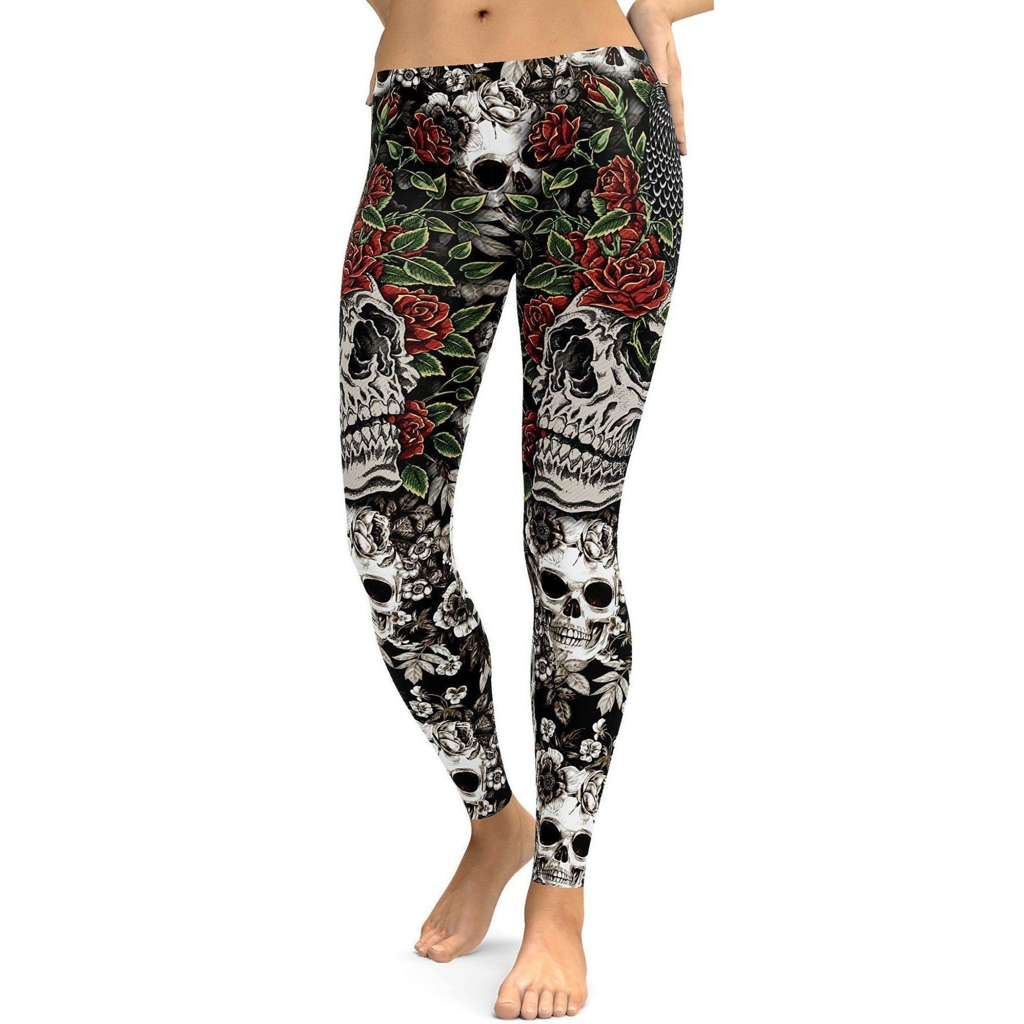 Womens Workout Yoga Skulls & Roses Leggings Black/Red/White | Gearbunch.com