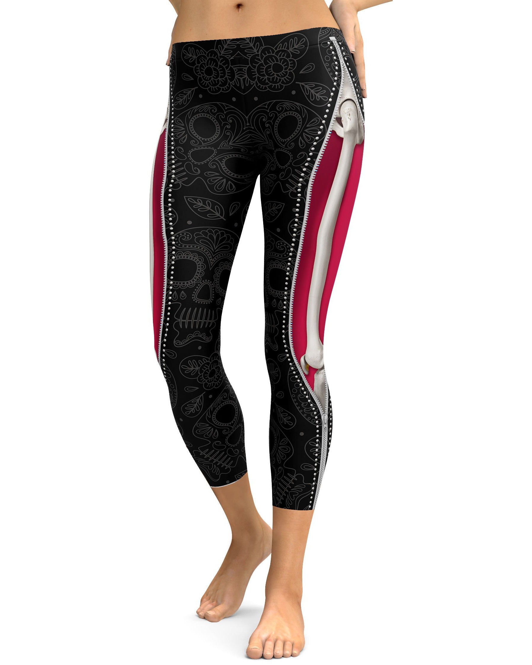 Realistic Skeleton with Black Zipper Capris - GearBunch Leggings / Yoga Pants