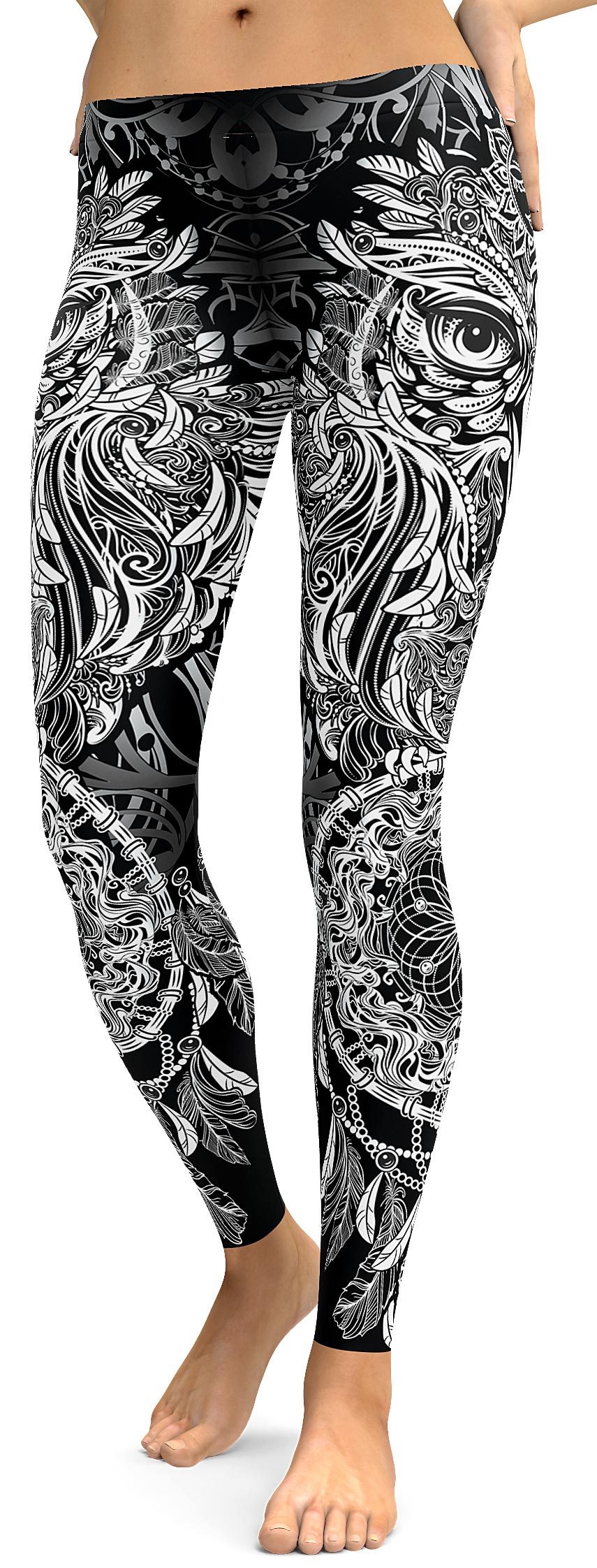 Womens Workout Yoga B&W Ornamental Owl Leggings Black/White | Gear Bunch