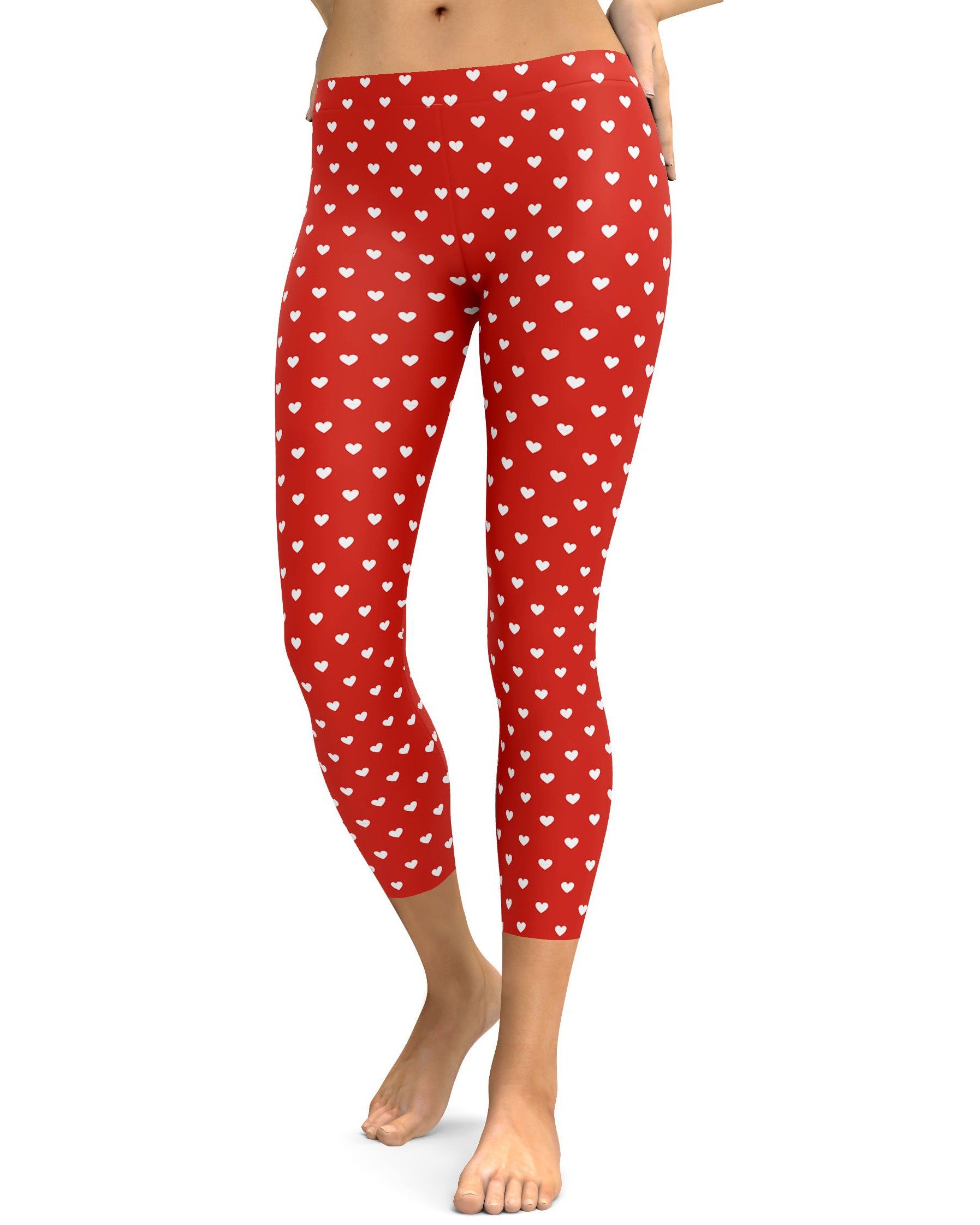 White Mini Hearts Red Capris - GearBunch Leggings / Yoga Pants