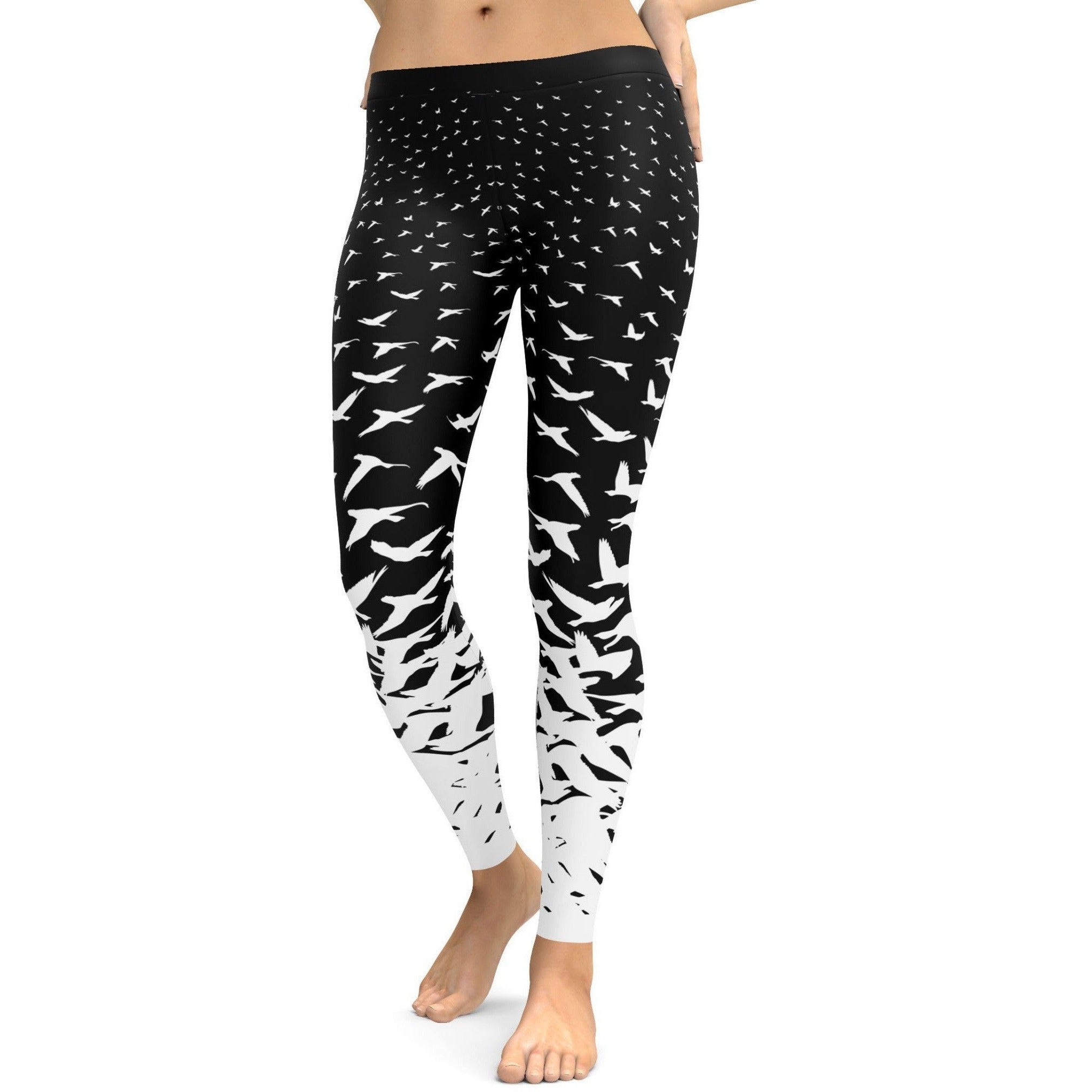 Womens Workout Yoga B&W Flying Birds Leggings