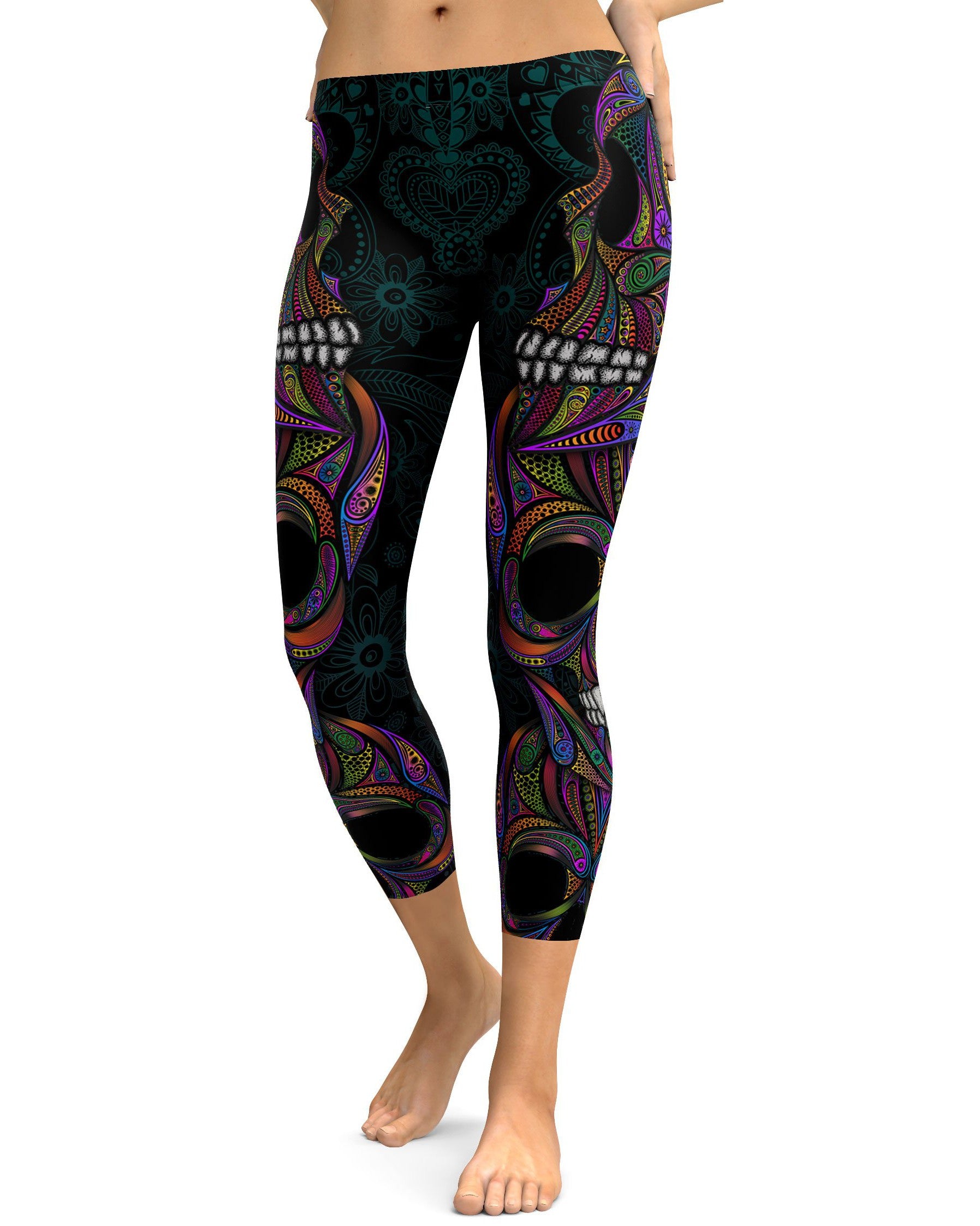 Colorful Ornament Skull Capris - GearBunch Leggings / Yoga Pants