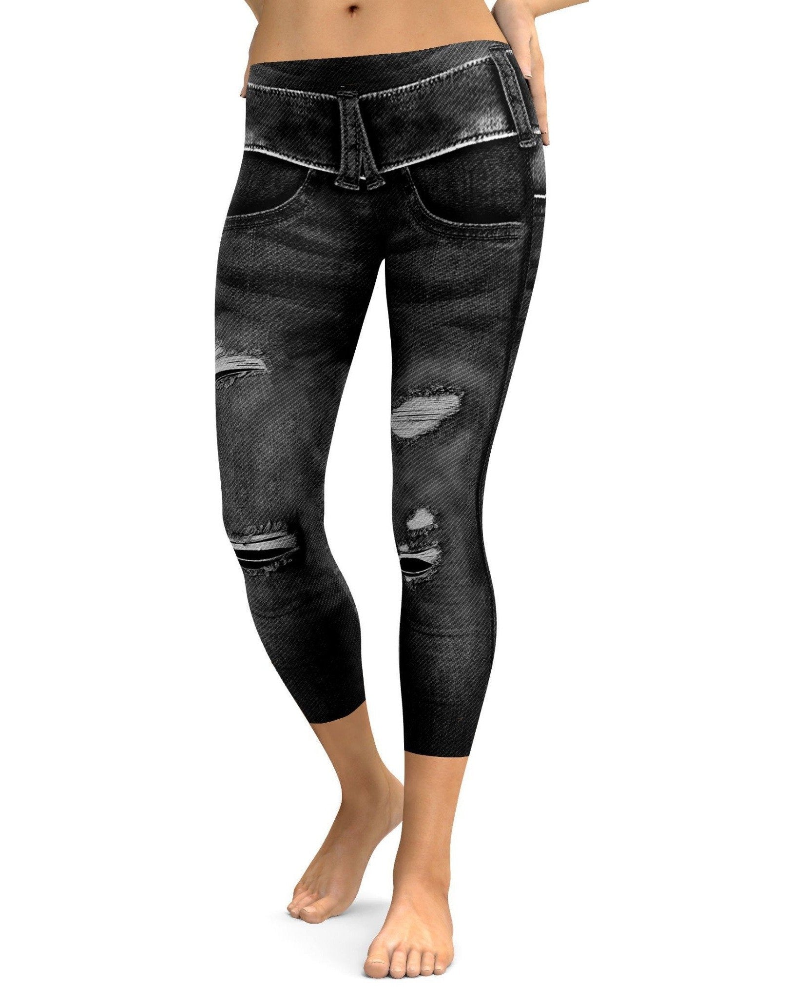 Realistic Black Denim Jeans Capris - Gearbunch Leggings