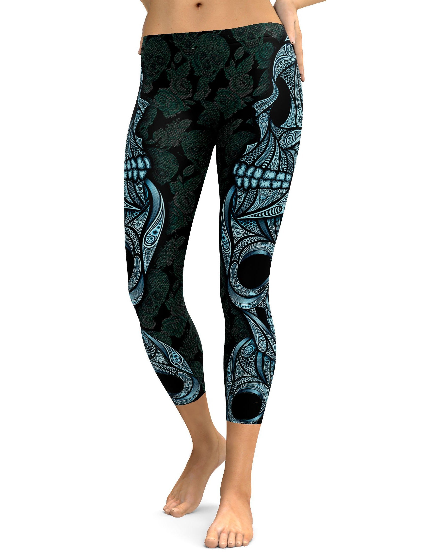 Blue Ornamental Skull Capris - GearBunch Leggings / Yoga Pants