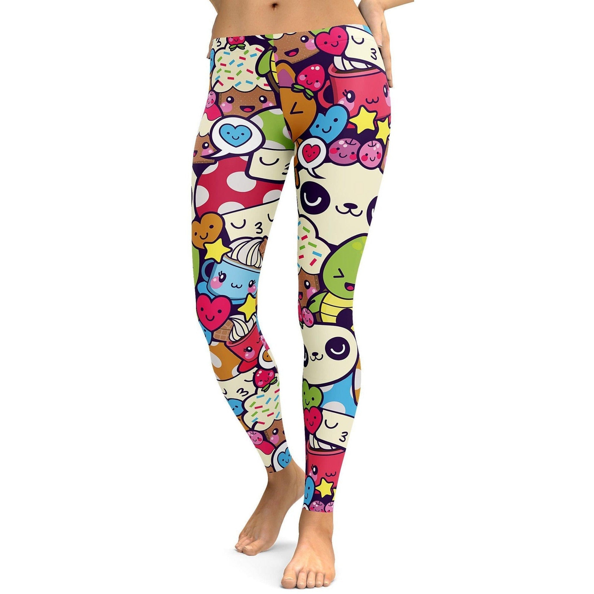 Womens Workout Yoga Happy Kawaii Leggings White/Green/Pink | Gearbunch.com