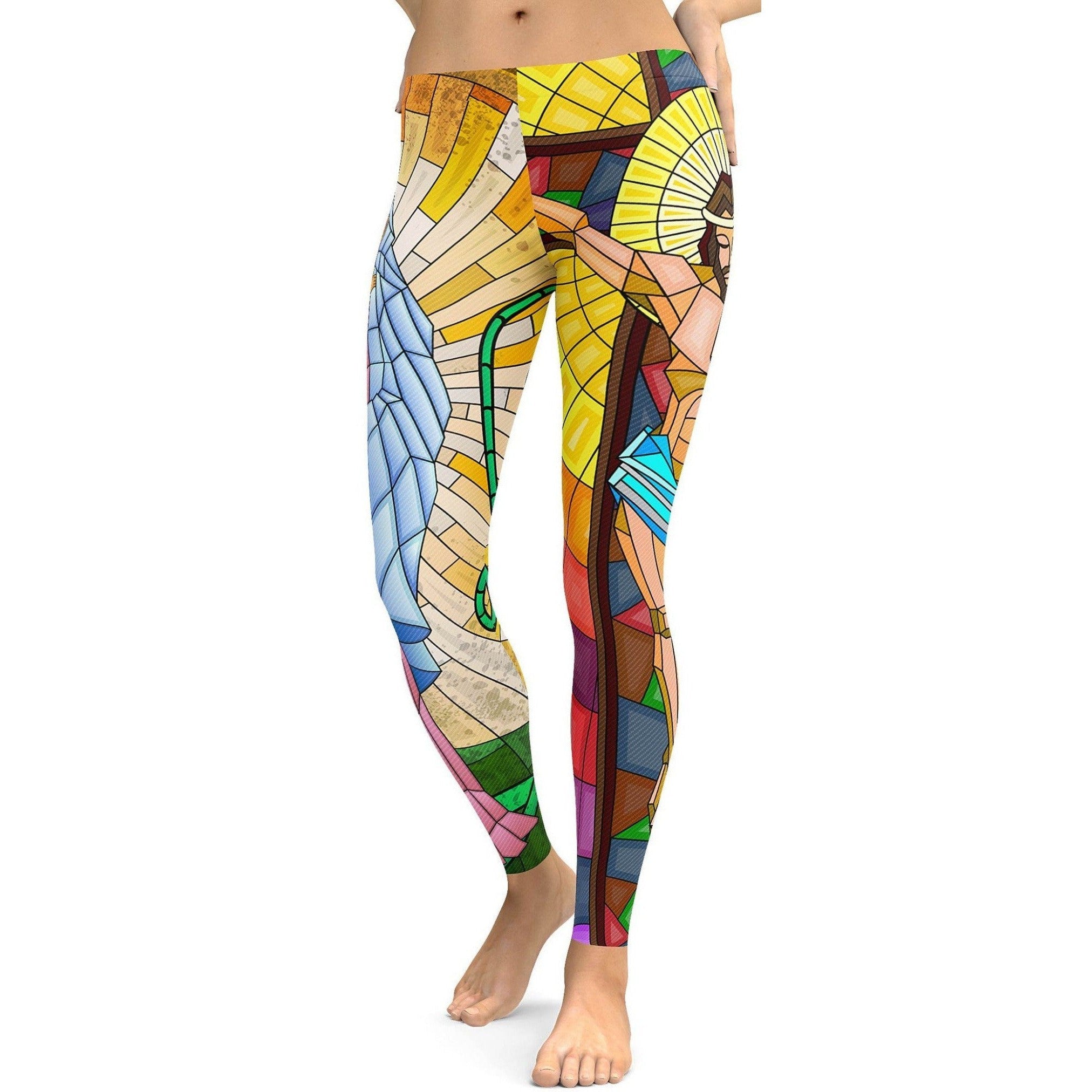 Womens Workout Yoga Birth and Death of Jesus Leggings Yellow/White/Brown/Blue | Gear Bunch