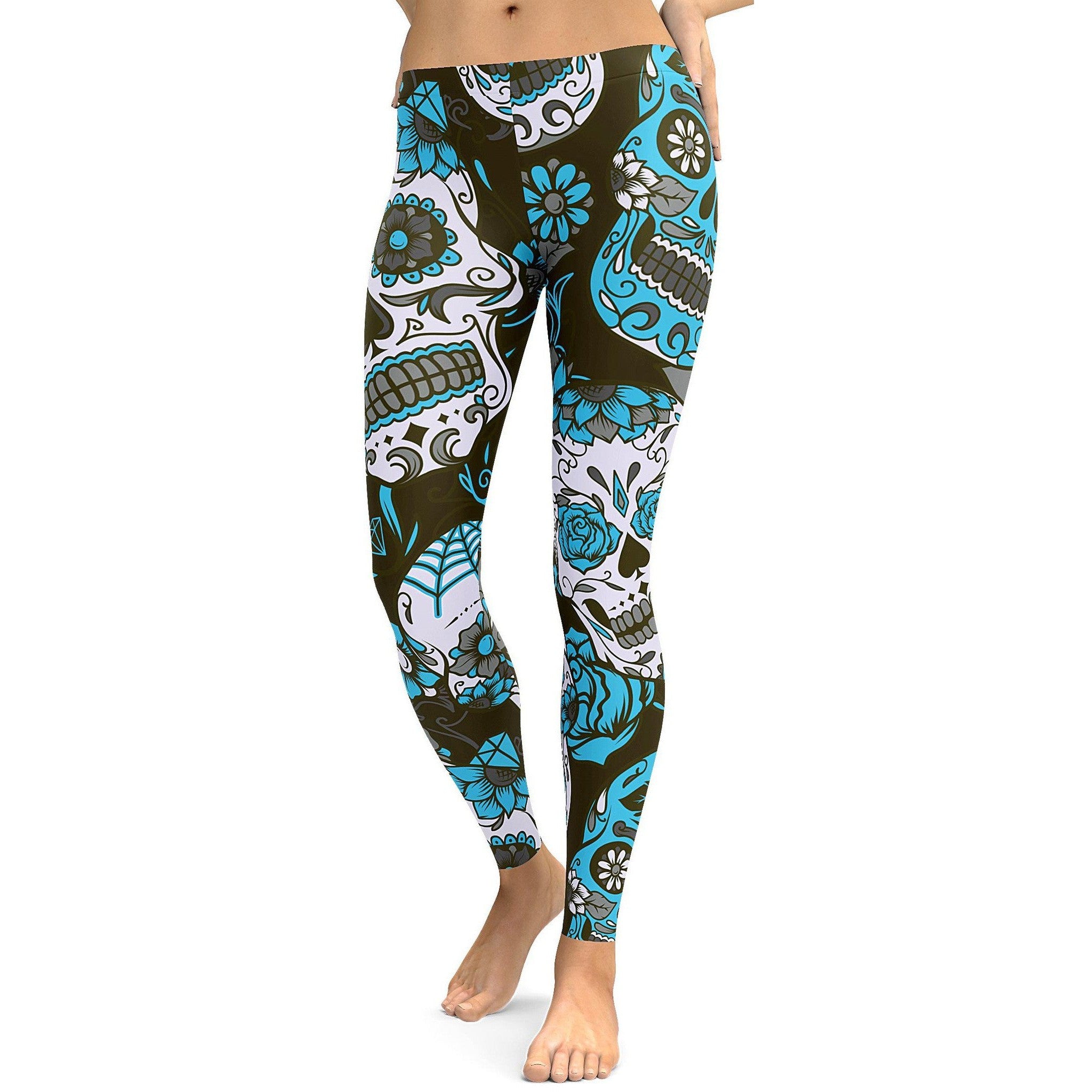 Womens Workout Yoga Sky Blue Sugar Skull Leggings Black/Sky Blue/White | Gearbunch.com